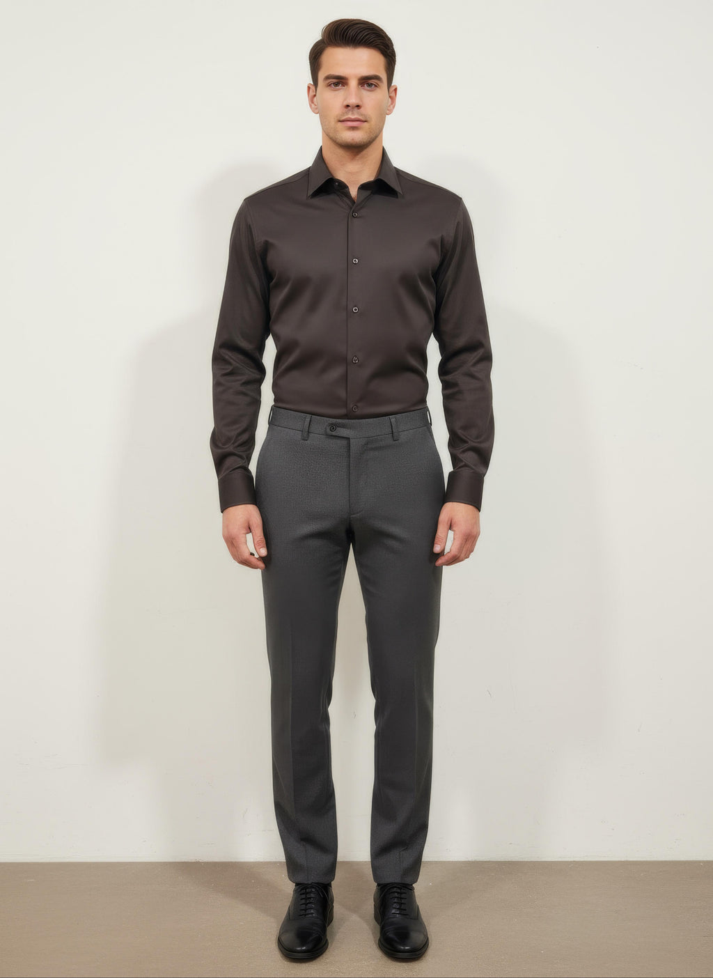 Erkek Saten Slim fit Yaka altı düğmeli Kahverengi Gömlek