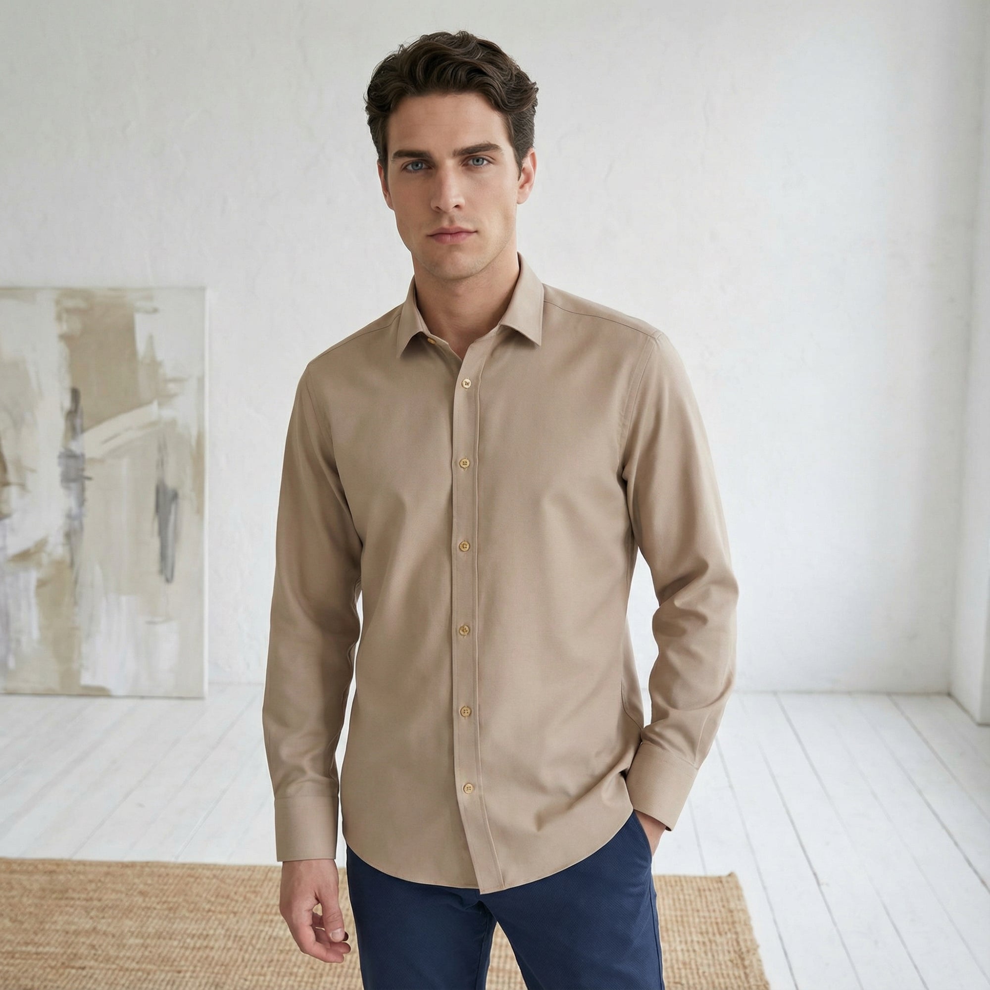 Slim fit Uzun Kollu Pamuklu Gizli düğme Yakalı Oxford Açık Kahverengi Gömlek