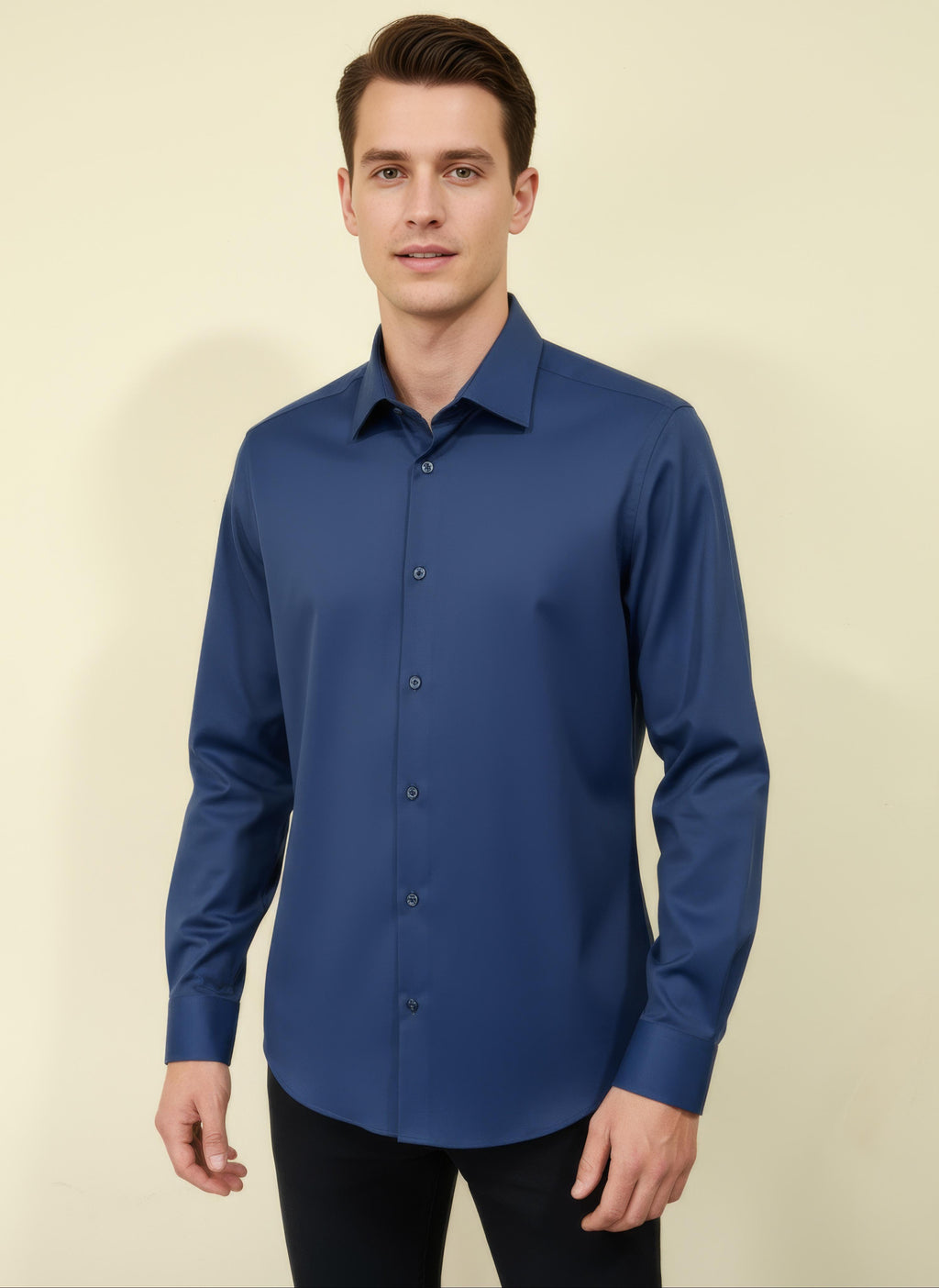 Erkek Saten Slim fit Yaka altı düğmeli Saks Gömlek