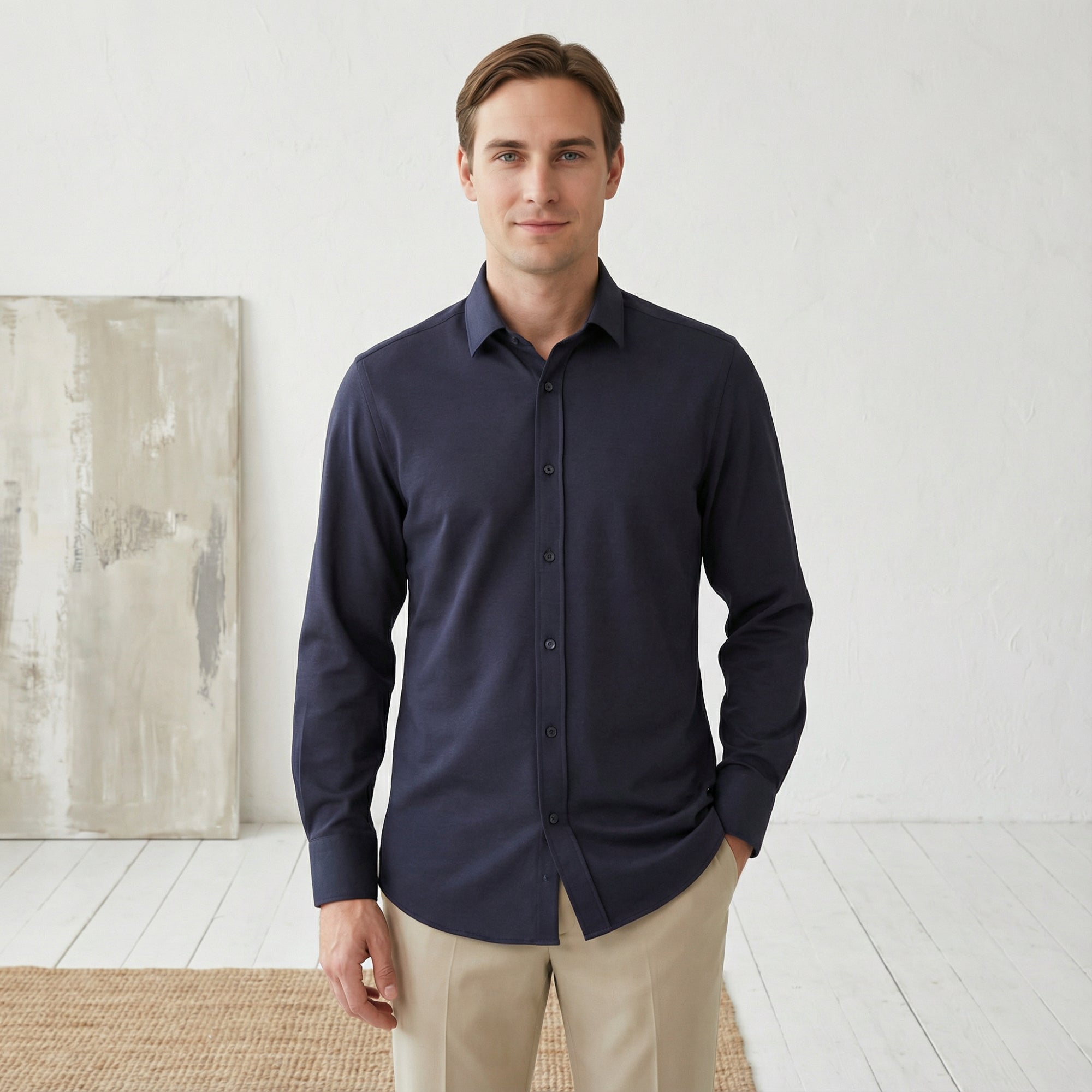 Slim fit Uzun Kollu Pamuklu Gizli düğme Yakalı Oxford Lacivert Gömlek