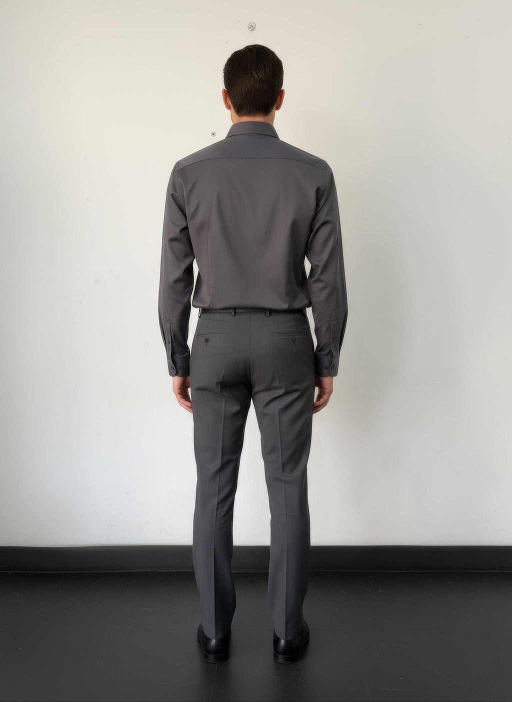 Erkek Saten Slim fit Yaka altı düğmeli Koyu Gri Gömlek