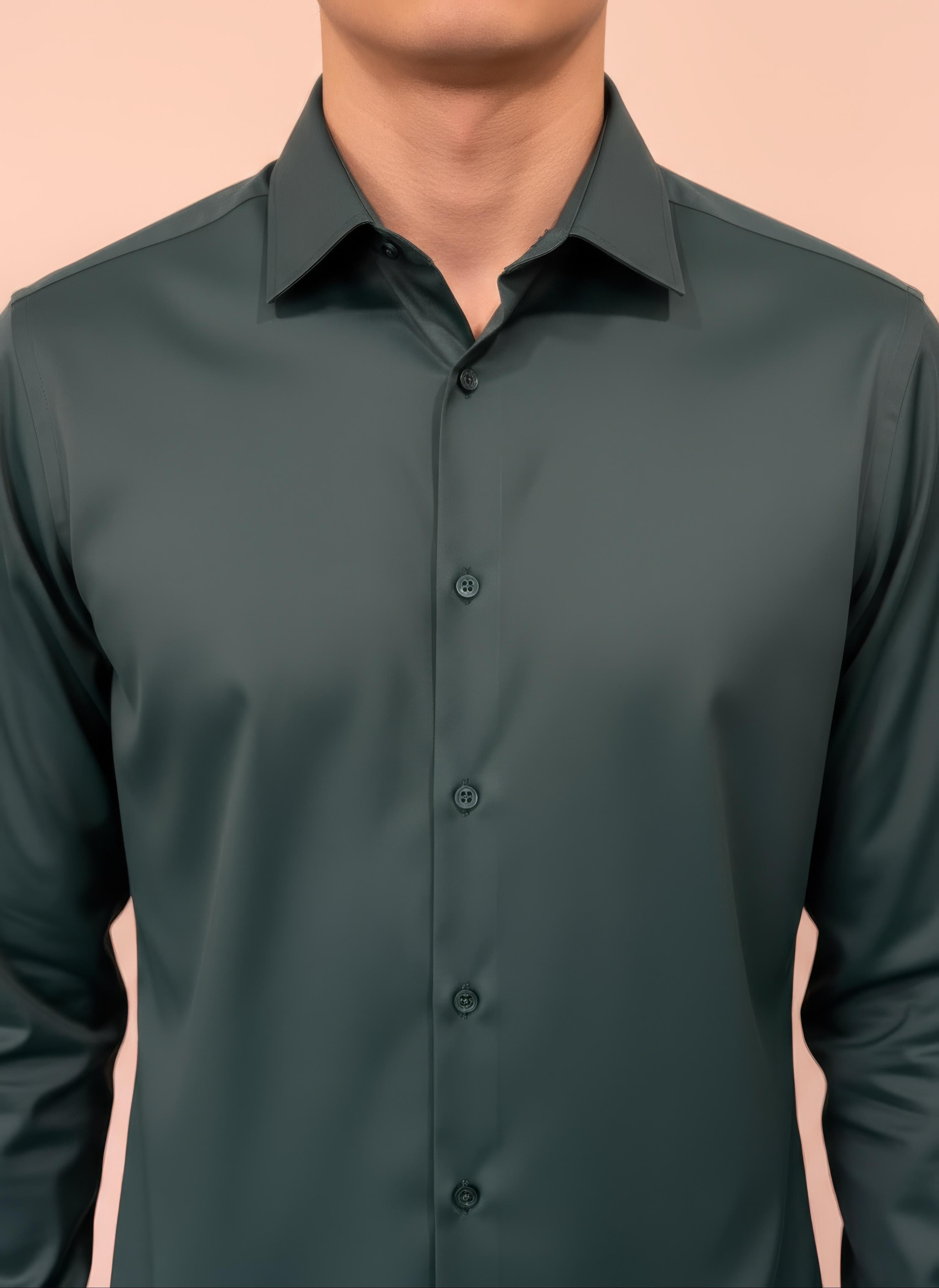 Erkek Saten Slim fit Yaka altı düğmeli Yeşil Gömlek