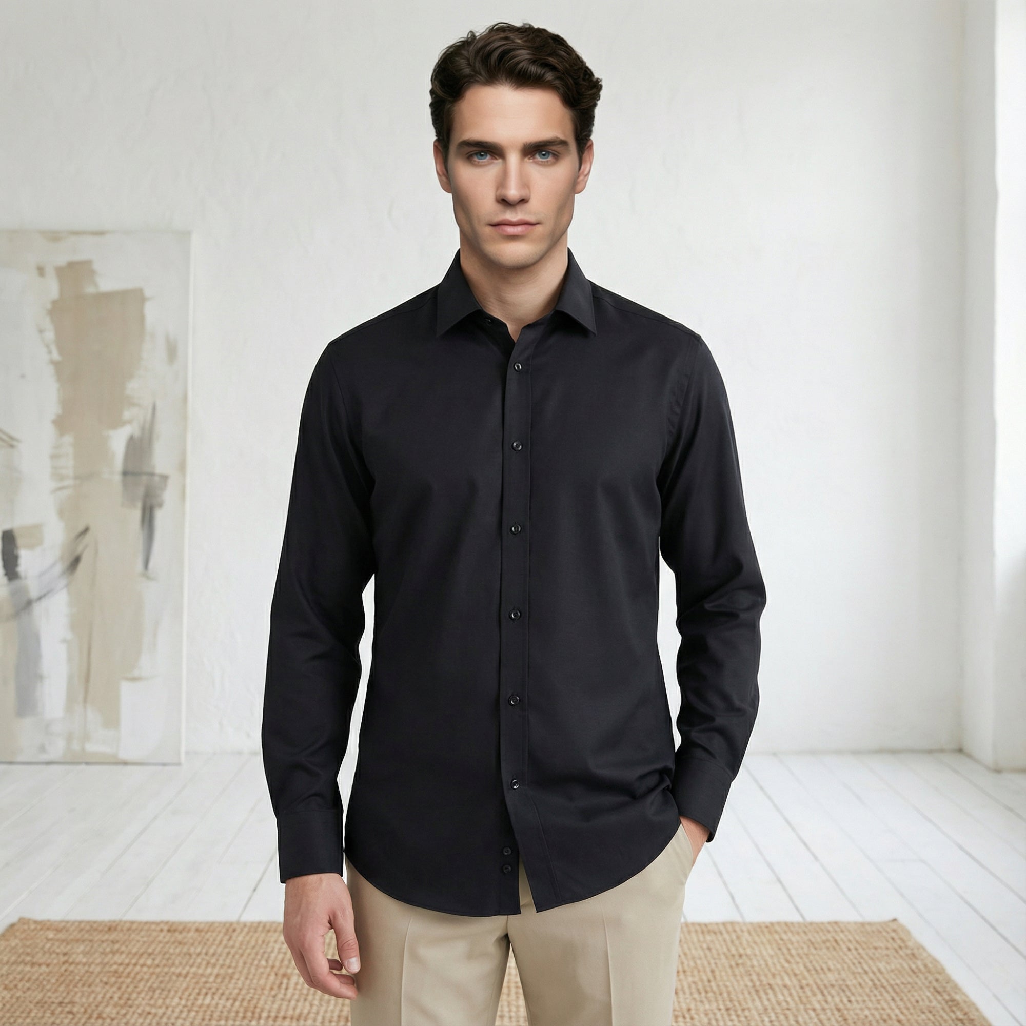 Slim fit Uzun Kollu Pamuklu Gizli düğme Yakalı Oxford Siyah Gömlek