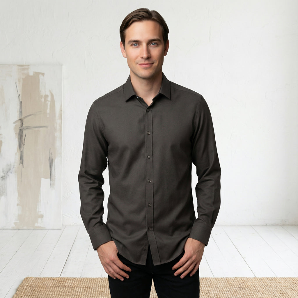 Slim fit Uzun Kollu Pamuklu Gizli düğme Yakalı Oxford Kahverengi Gömlek