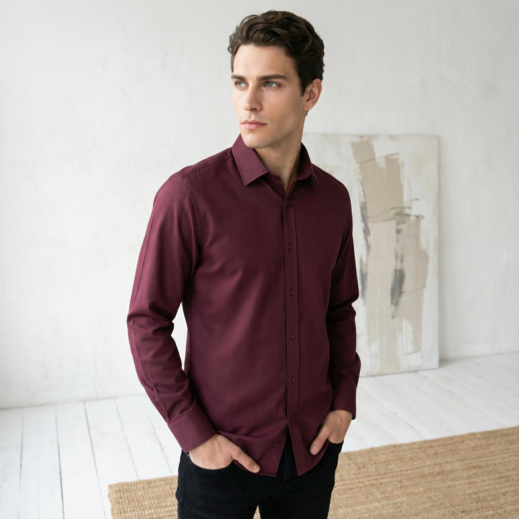 Slim fit Uzun Kollu Pamuklu Gizli düğme Yakalı Oxford Bordo Gömlek