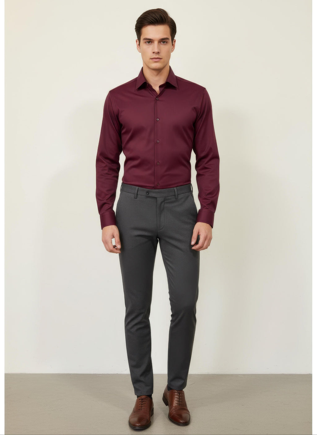 Erkek Saten Slim fit Yaka altı düğmeli Bordo Gömlek