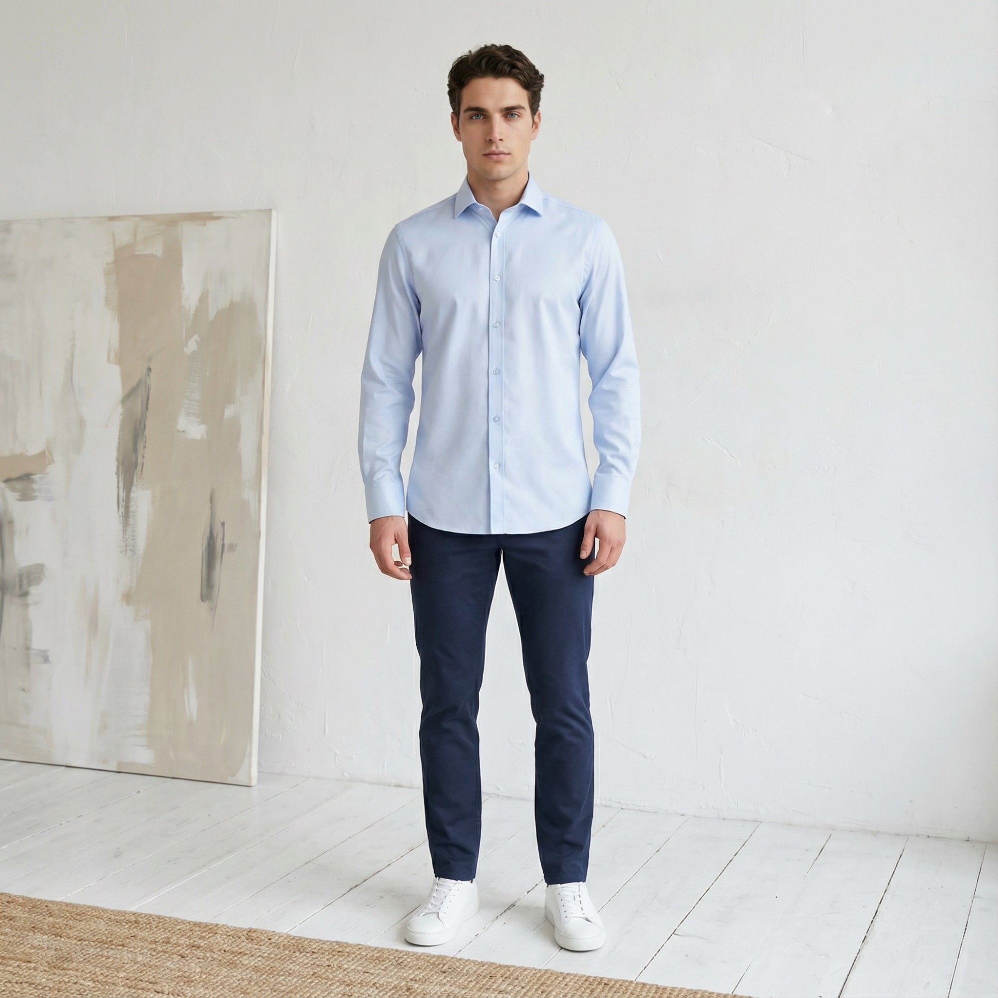 Slim fit Uzun Kollu Pamuklu Gizli düğme Yakalı Oxford Mavi Gömlek