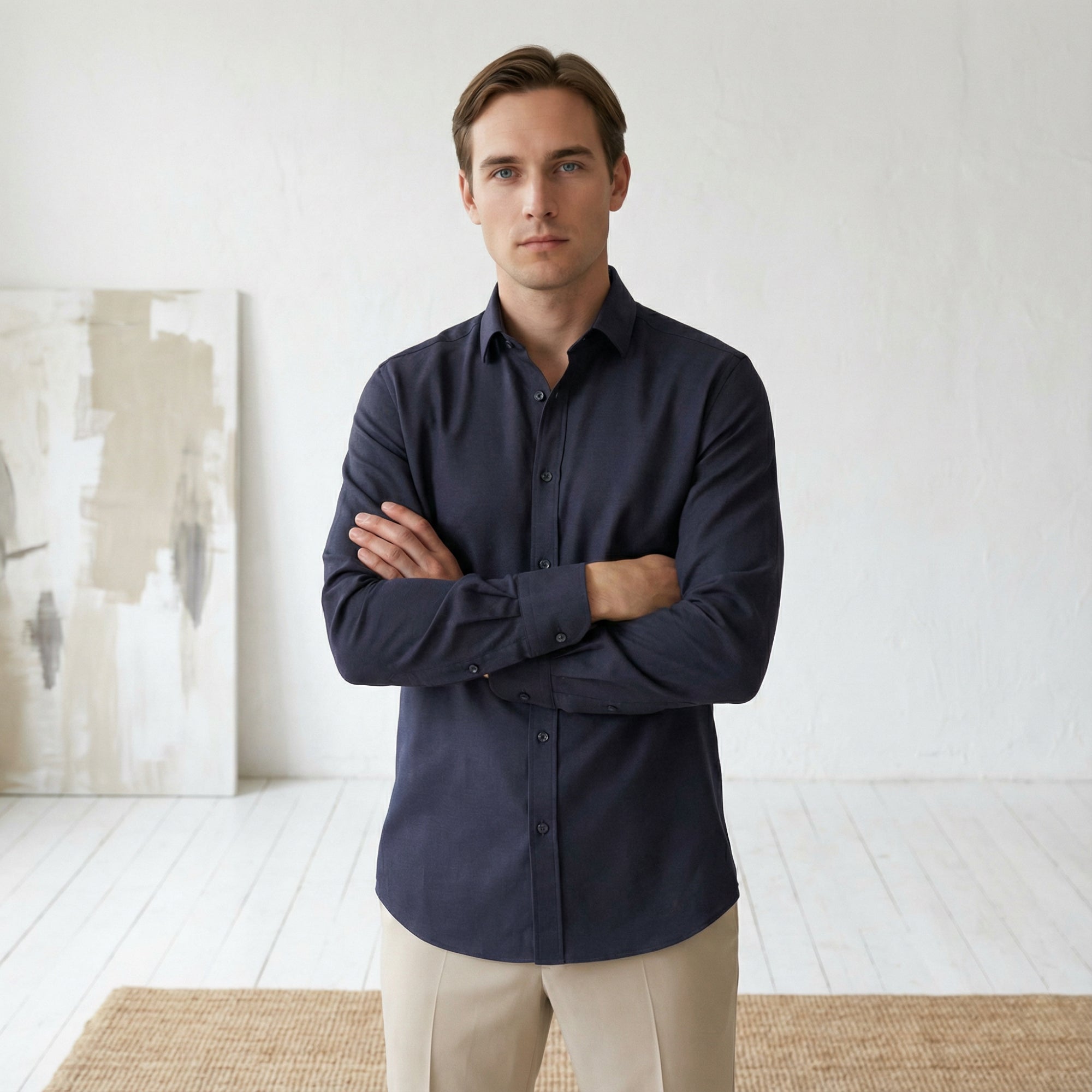 Slim fit Uzun Kollu Pamuklu Gizli düğme Yakalı Oxford Lacivert Gömlek