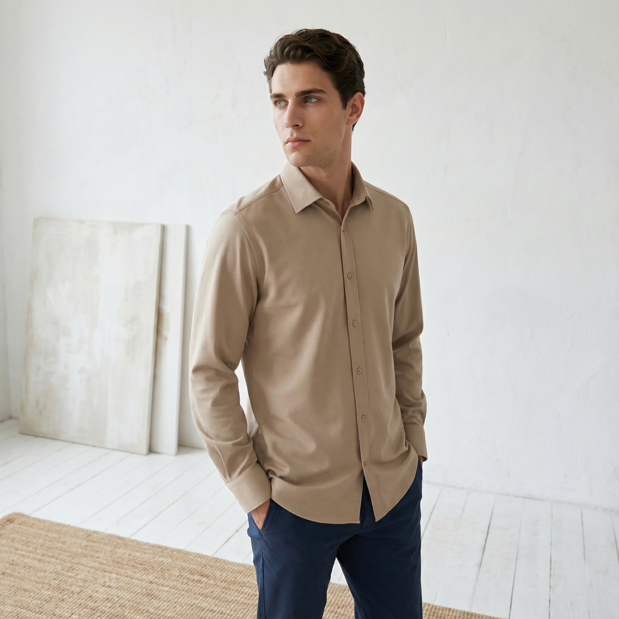 Slim fit Uzun Kollu Pamuklu Gizli düğme Yakalı Oxford Açık Kahverengi Gömlek