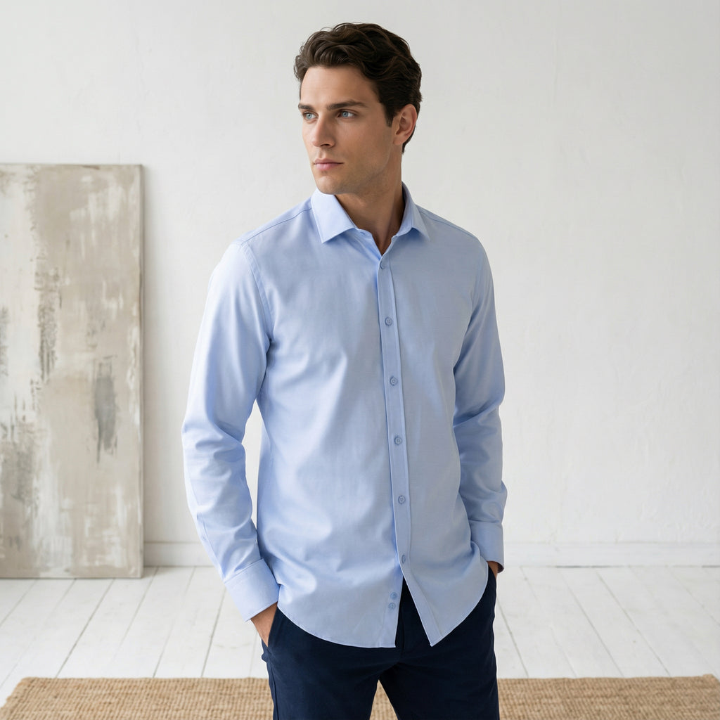 Slim fit Uzun Kollu Pamuklu Gizli düğme Yakalı Oxford Mavi Gömlek