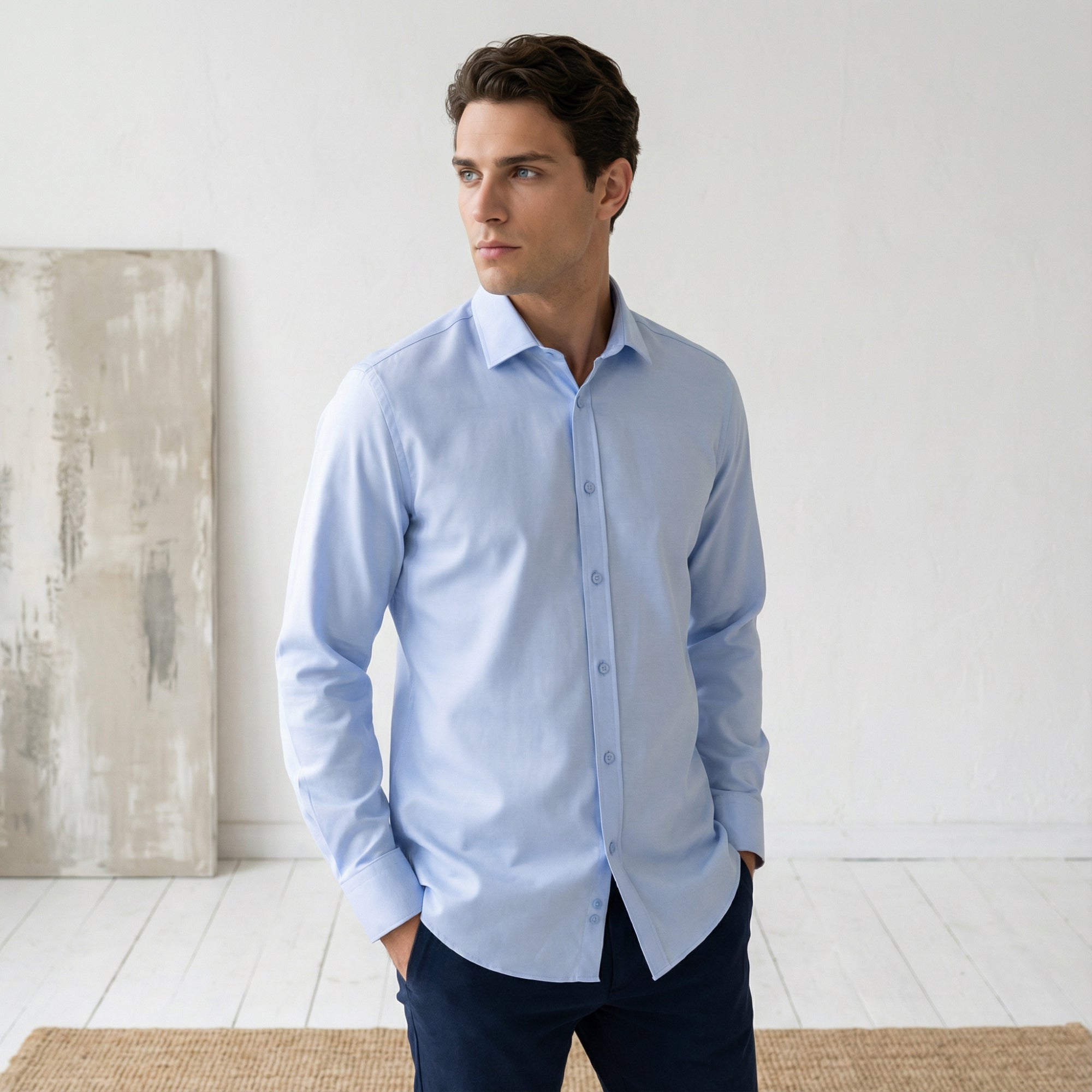 Slim fit Uzun Kollu Pamuklu Gizli düğme Yakalı Oxford Mavi Gömlek