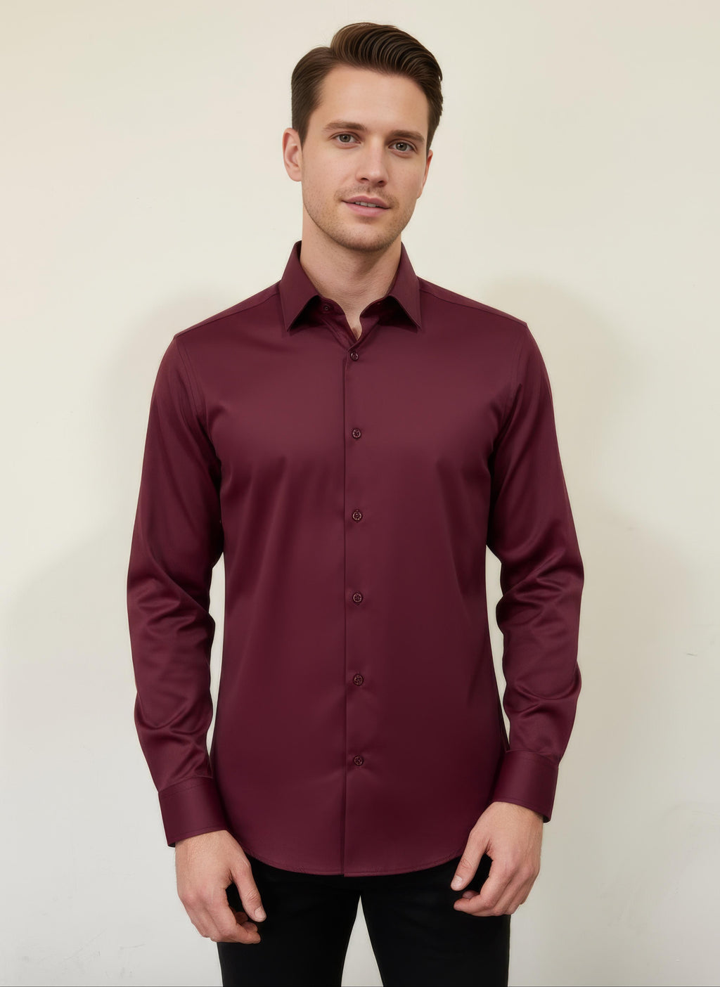 Erkek Saten Slim fit Yaka altı düğmeli Bordo Gömlek