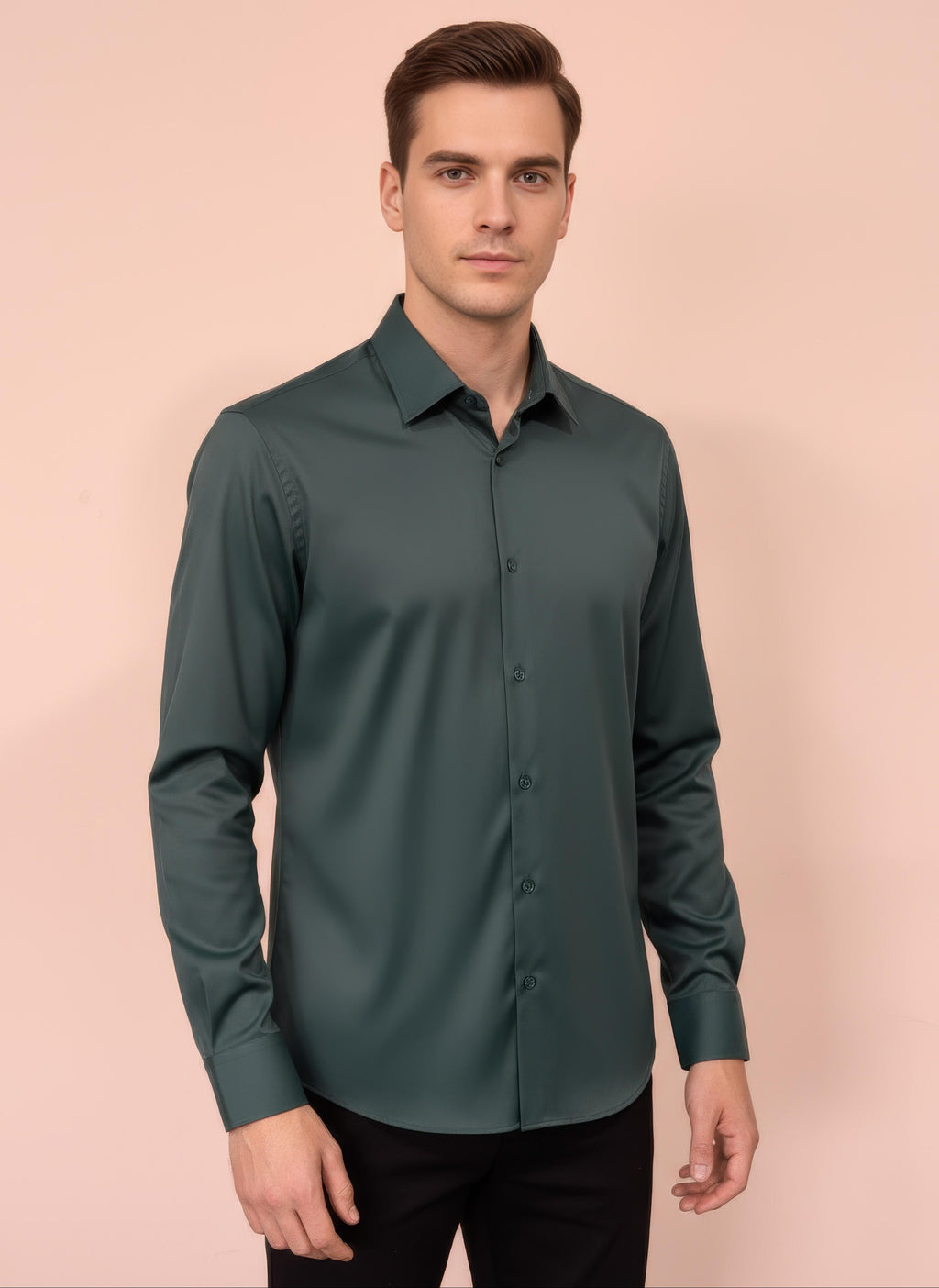Erkek Saten Slim fit Yaka altı düğmeli Yeşil Gömlek