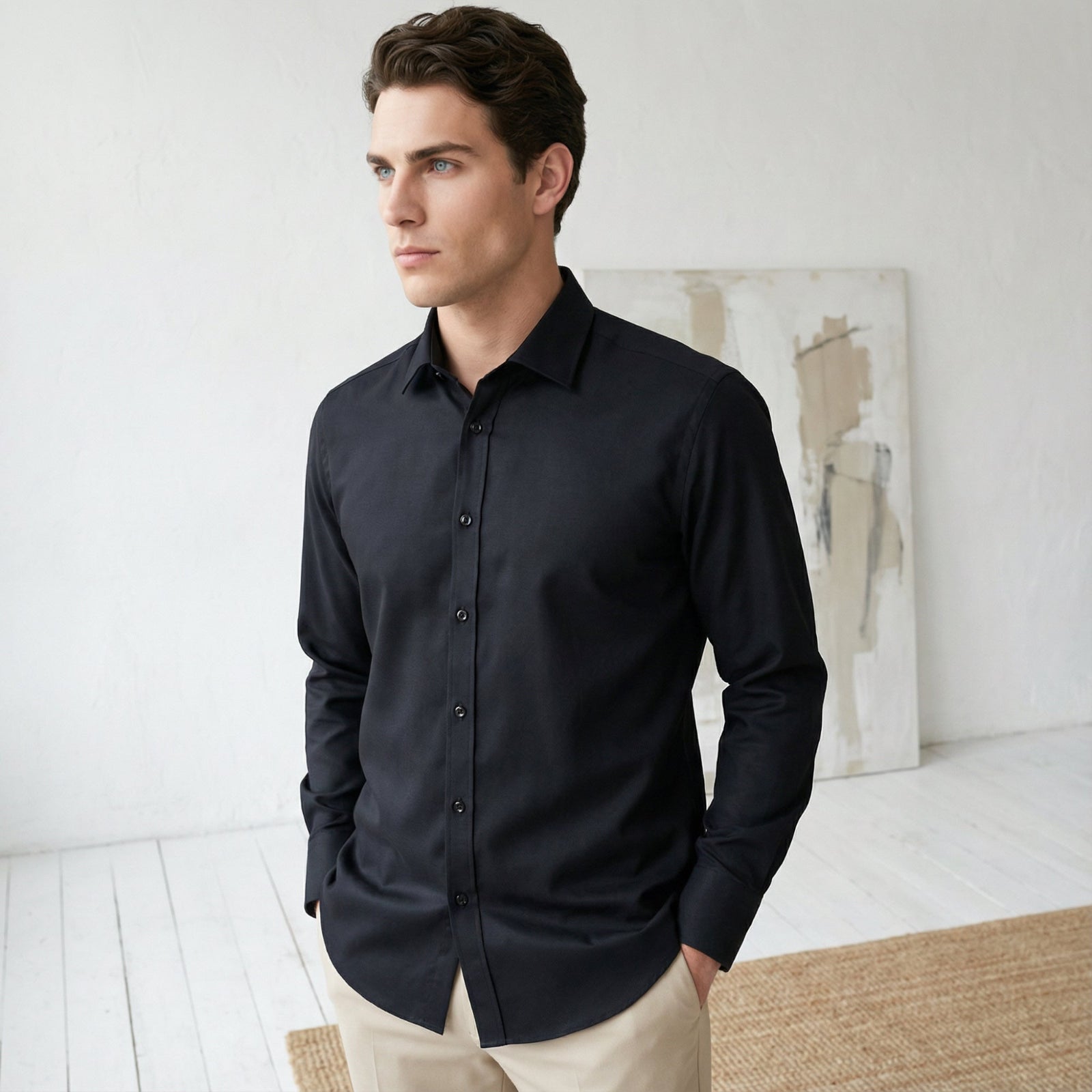 Slim fit Uzun Kollu Pamuklu Gizli düğme Yakalı Oxford Siyah Gömlek