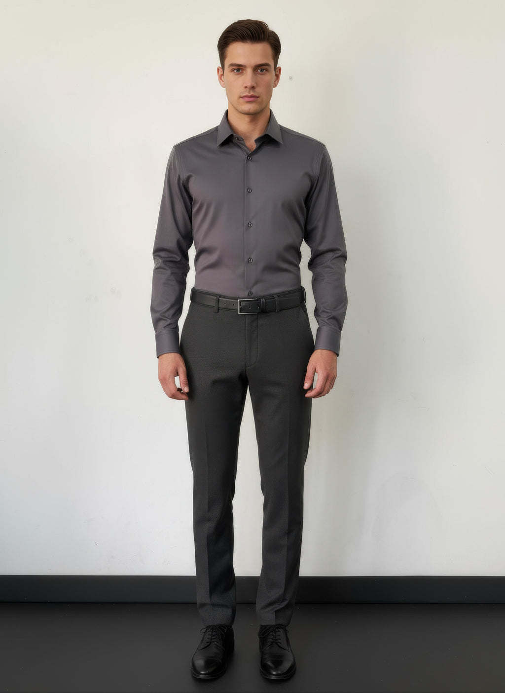 Erkek Saten Slim fit Yaka altı düğmeli Koyu Gri Gömlek