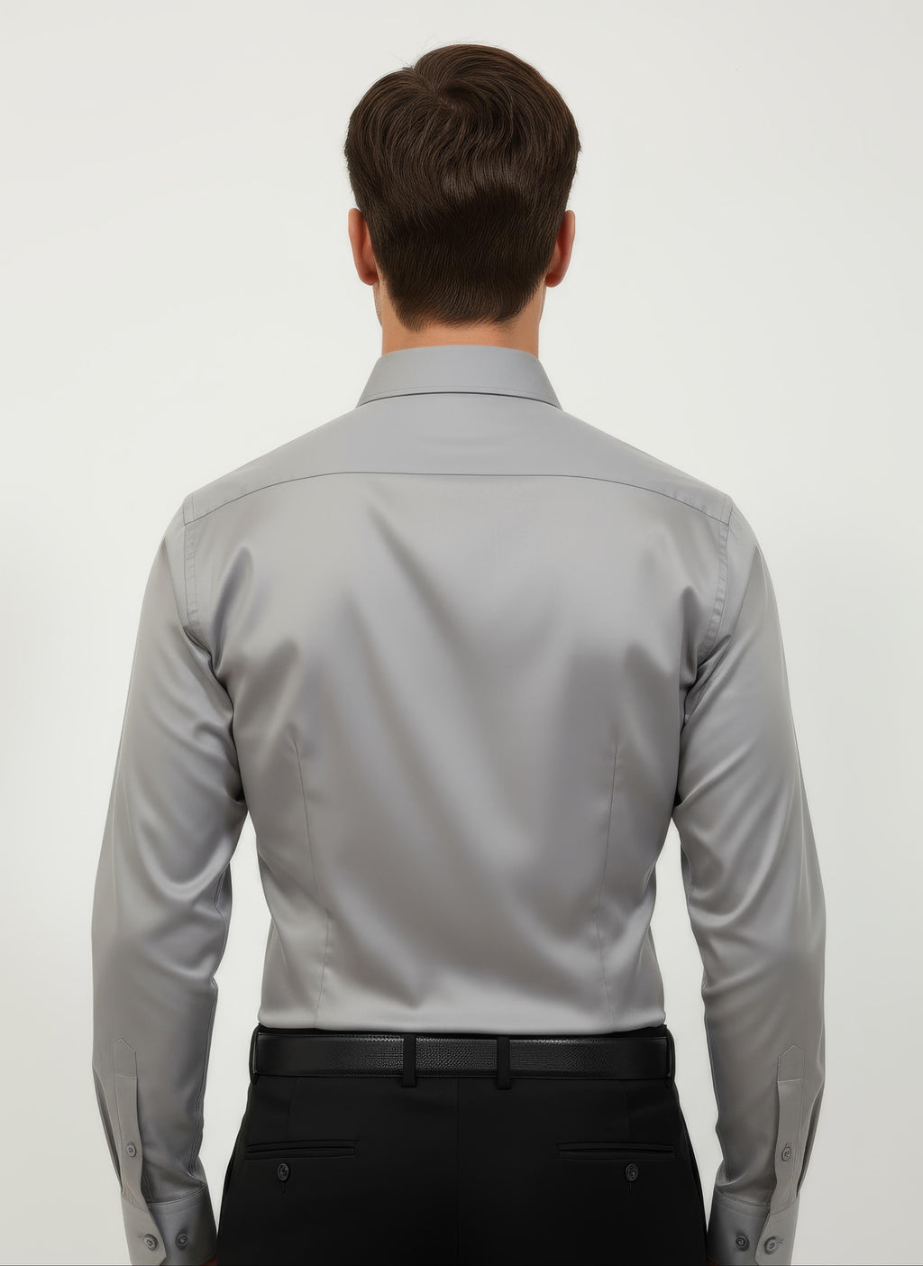Erkek Saten Slim fit Yaka altı düğmeli Gri Gömlek