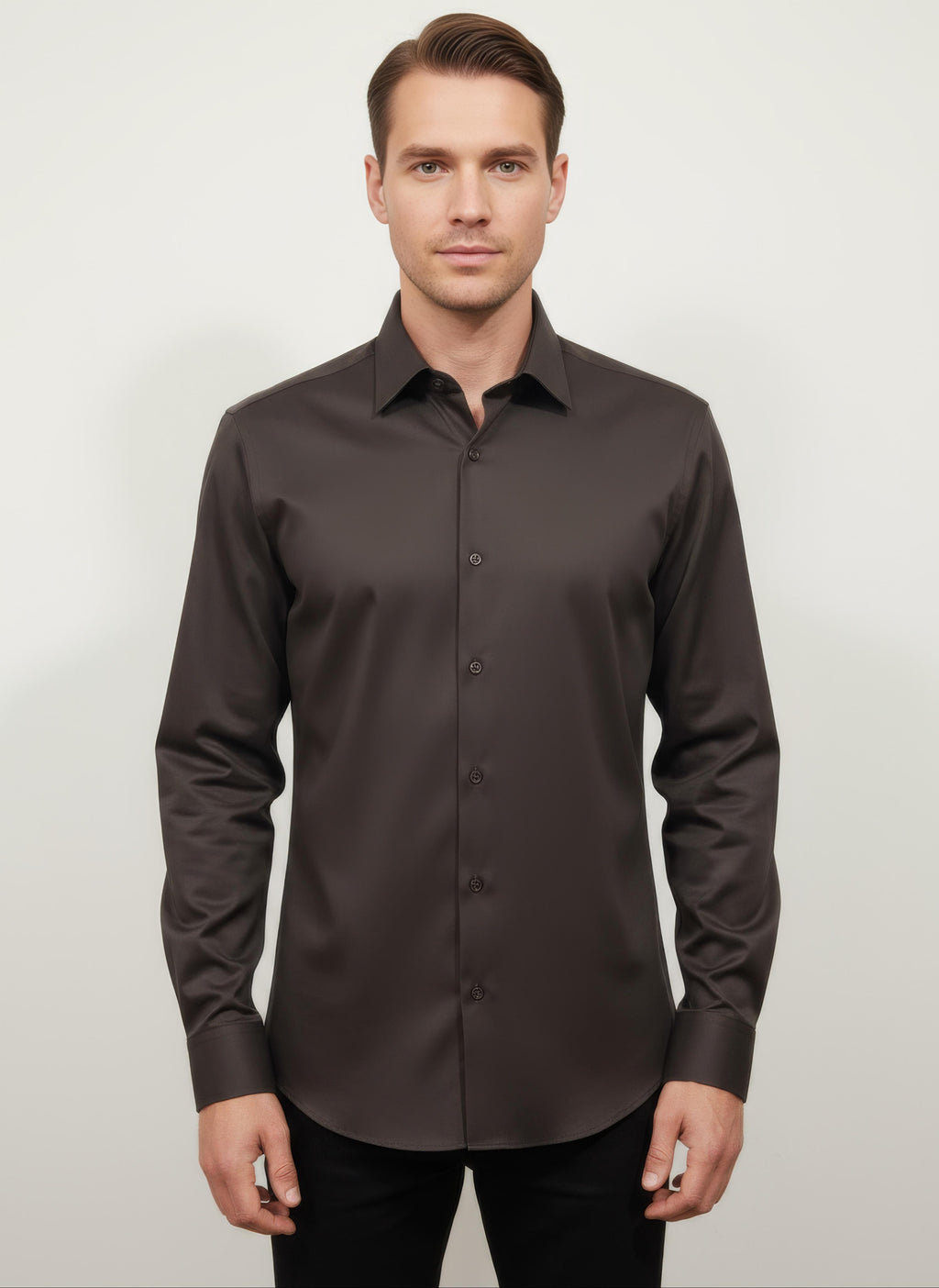 Erkek Saten Slim fit Yaka altı düğmeli Kahverengi Gömlek
