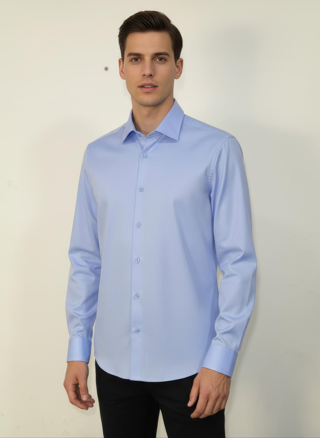 Erkek Saten Slim fit Yaka altı düğmeli Mavi Gömlek