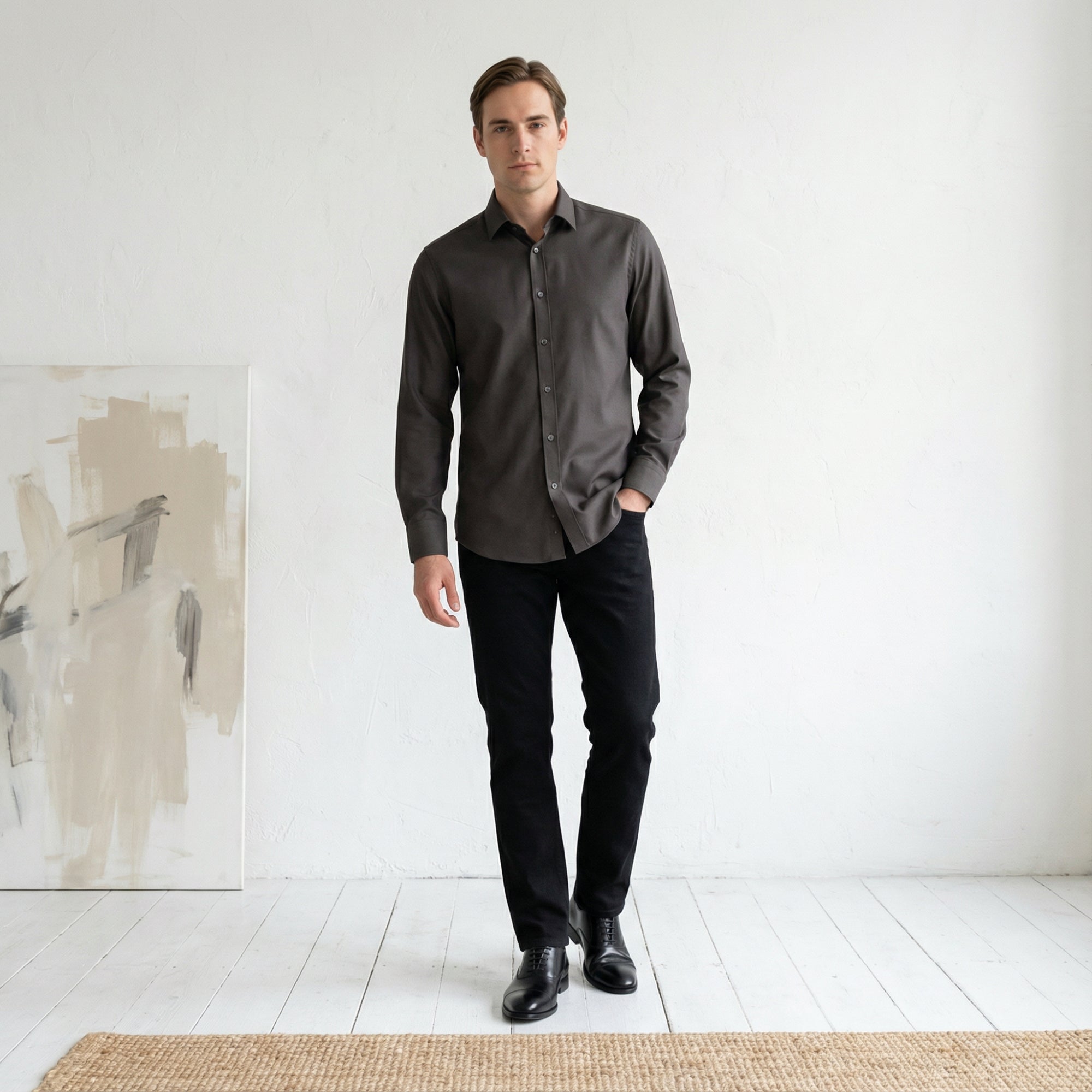 Slim fit Uzun Kollu Pamuklu Gizli düğme Yakalı Oxford Kahverengi Gömlek