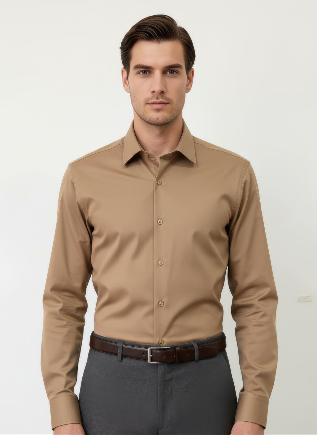 Erkek Saten Gömlek Açık Kahve