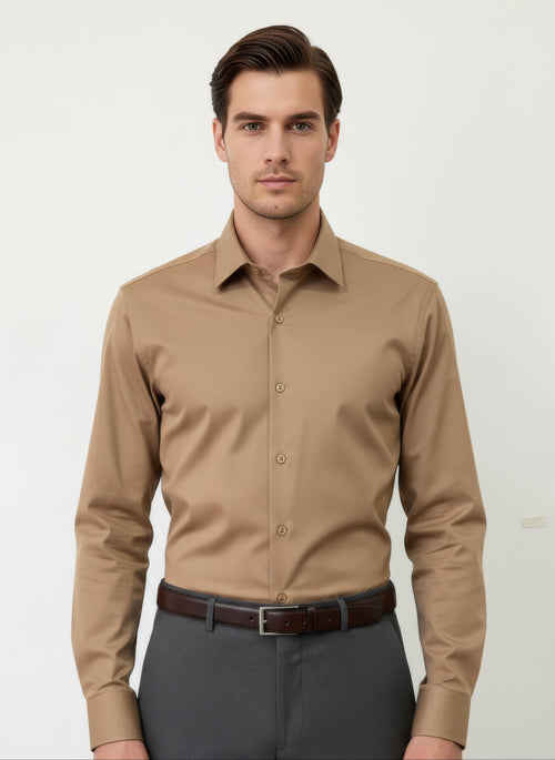 Erkek Saten Gömlek Açık Kahve