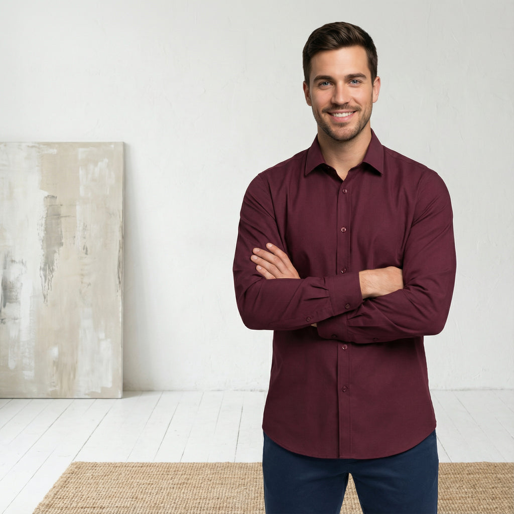 Slim fit Uzun Kollu Pamuklu Gizli düğme Yakalı Oxford Bordo Gömlek