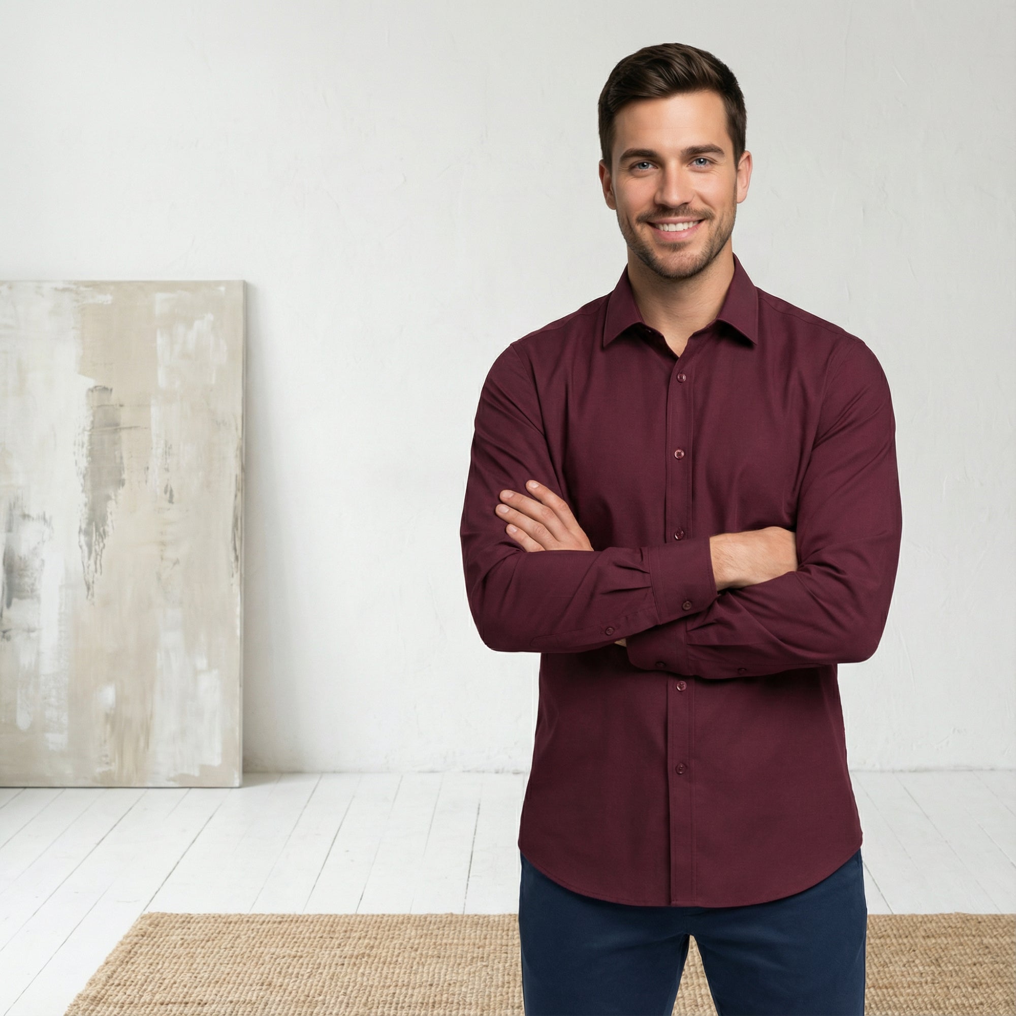 Slim fit Uzun Kollu Pamuklu Gizli düğme Yakalı Oxford Bordo Gömlek