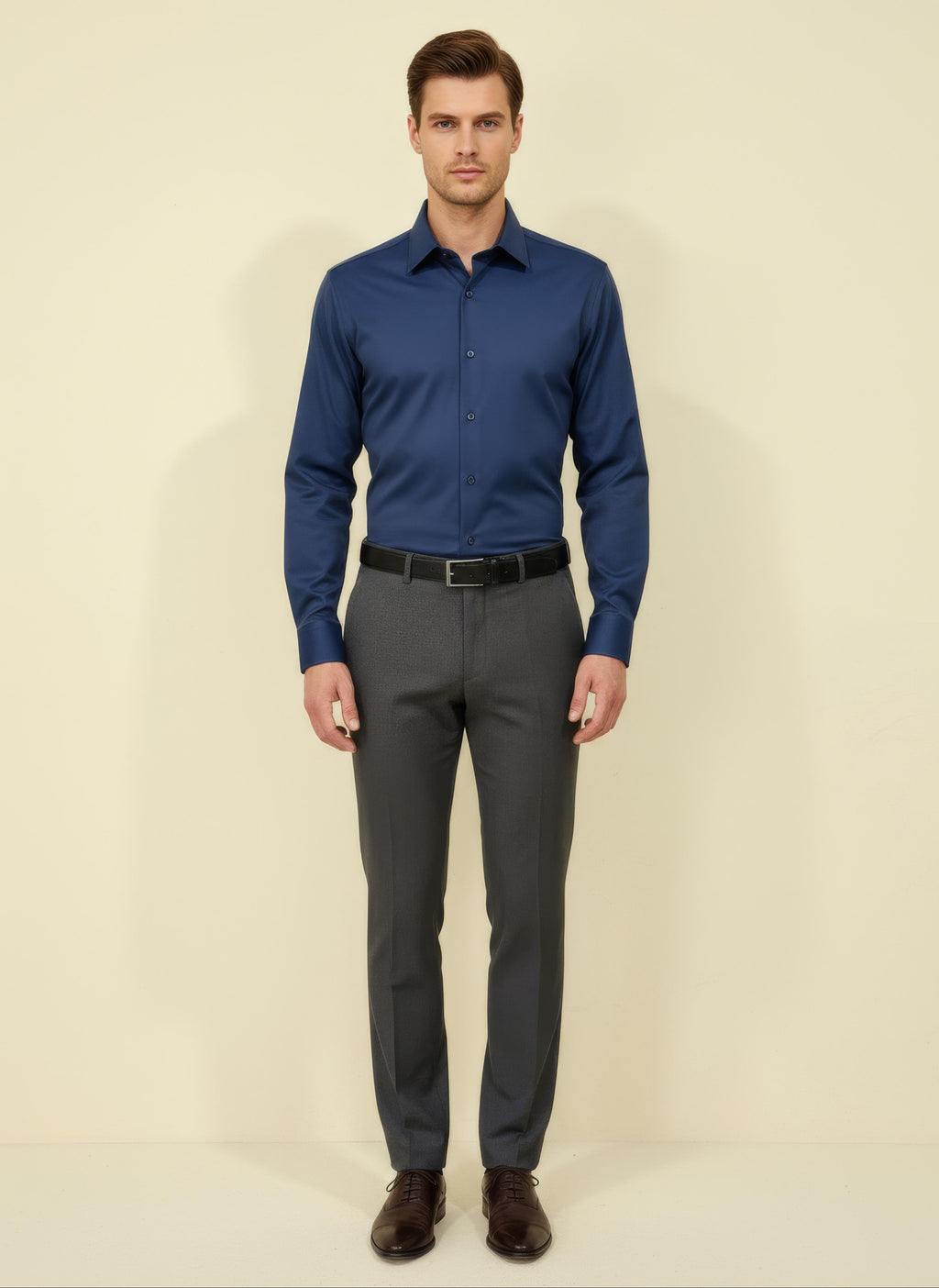 Erkek Saten Slim fit Yaka altı düğmeli Saks Gömlek