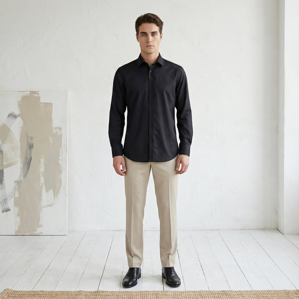 Slim fit Uzun Kollu Pamuklu Gizli düğme Yakalı Oxford Siyah Gömlek
