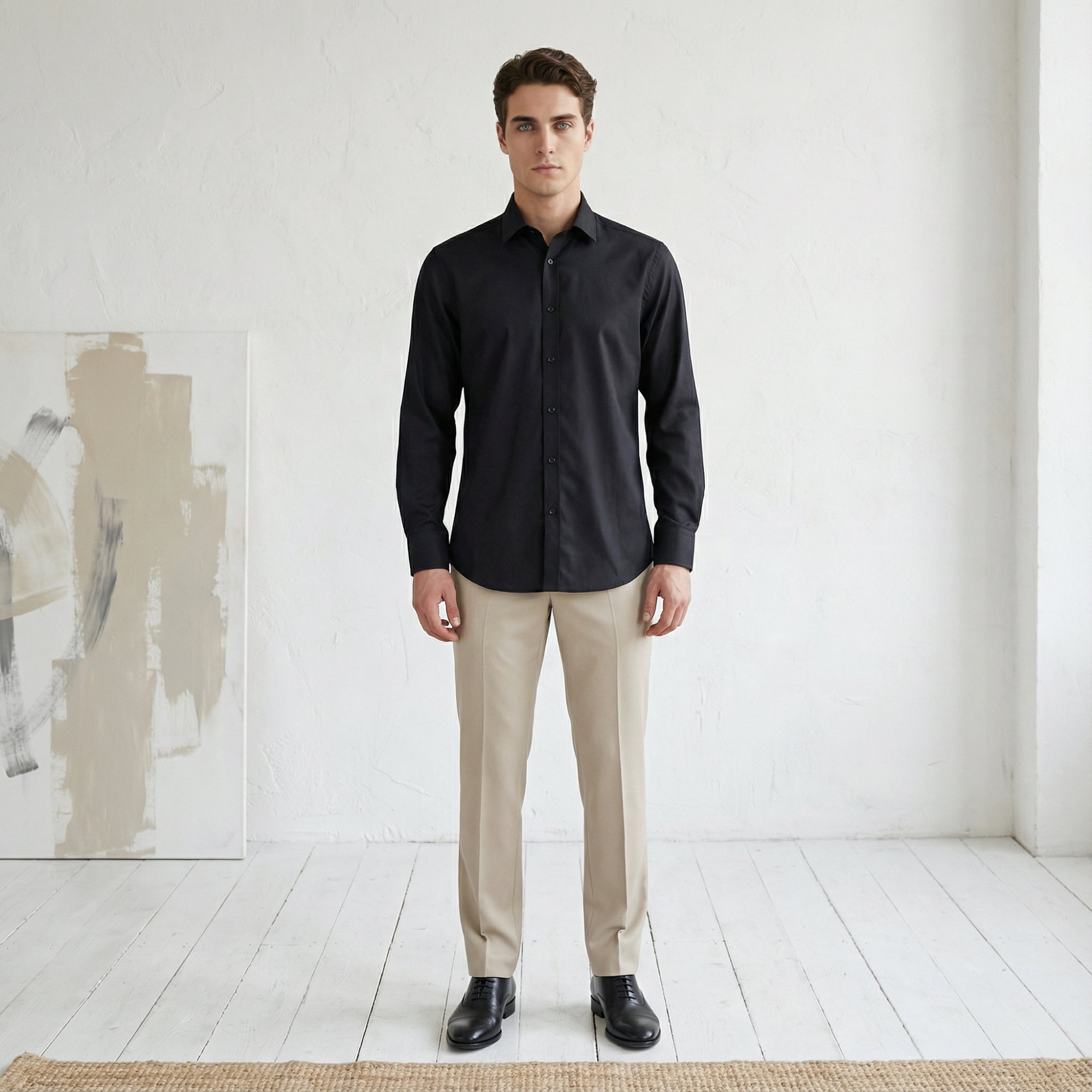 Slim fit Uzun Kollu Pamuklu Gizli düğme Yakalı Oxford Siyah Gömlek