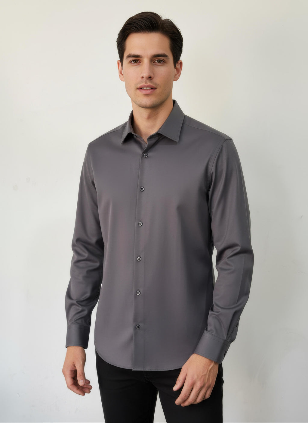 Erkek Saten Slim fit Yaka altı düğmeli Koyu Gri Gömlek