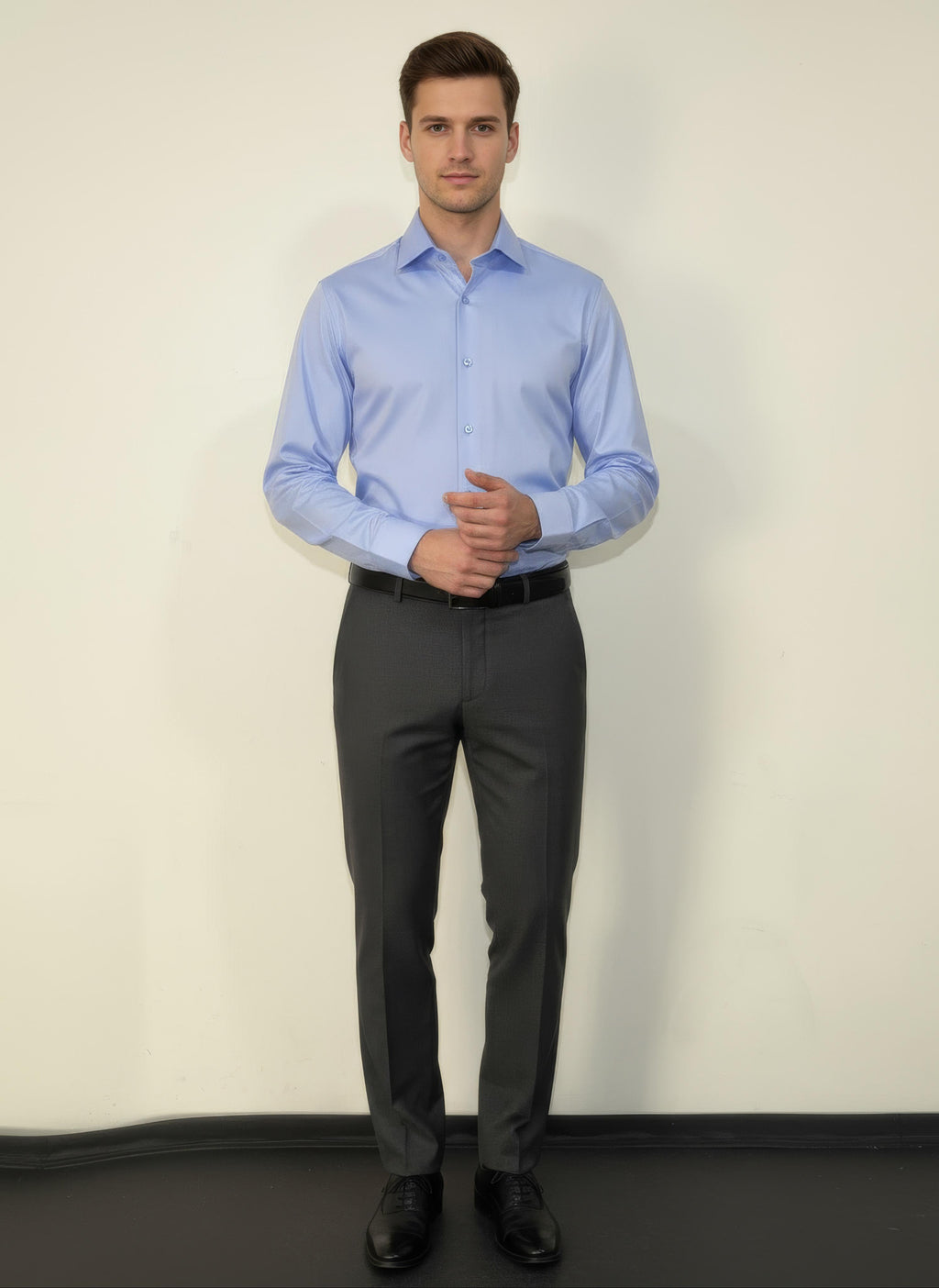 Erkek Saten Slim fit Yaka altı düğmeli Mavi Gömlek