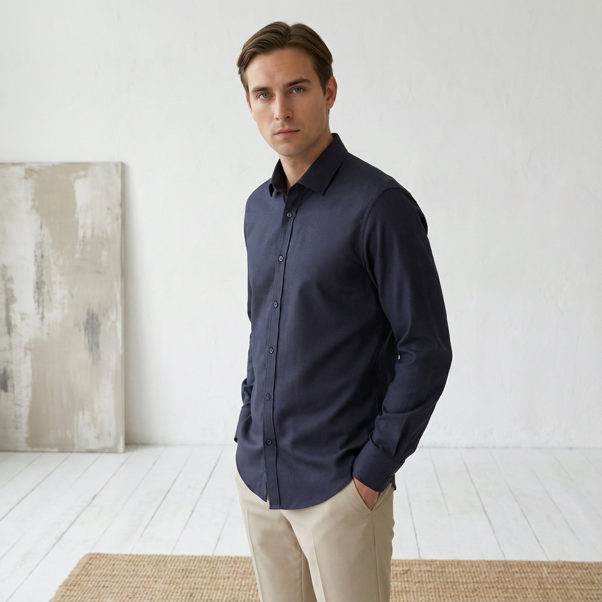 Slim fit Uzun Kollu Pamuklu Gizli düğme Yakalı Oxford Lacivert Gömlek