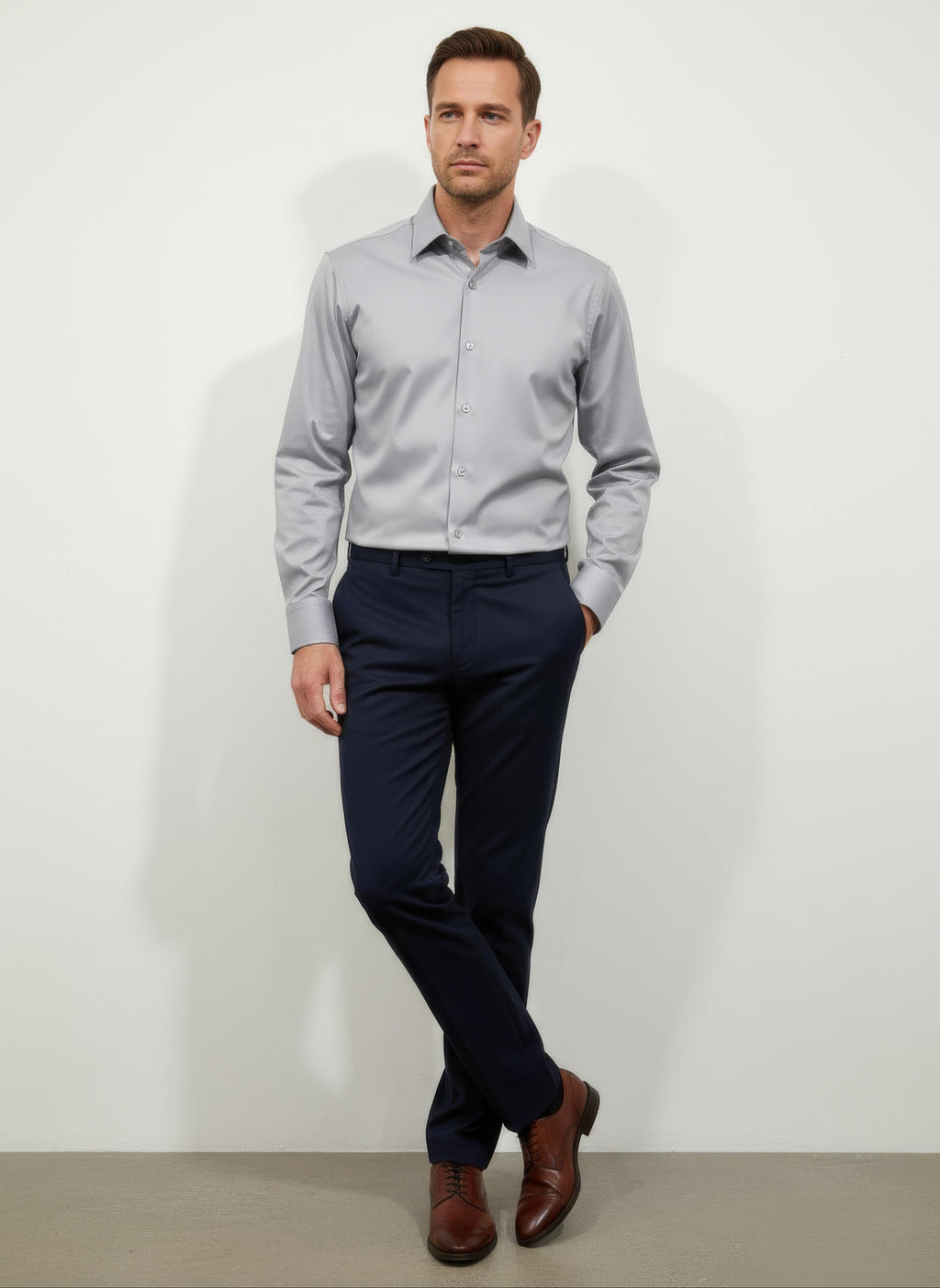Erkek Saten Slim fit Yaka altı düğmeli Gri Gömlek