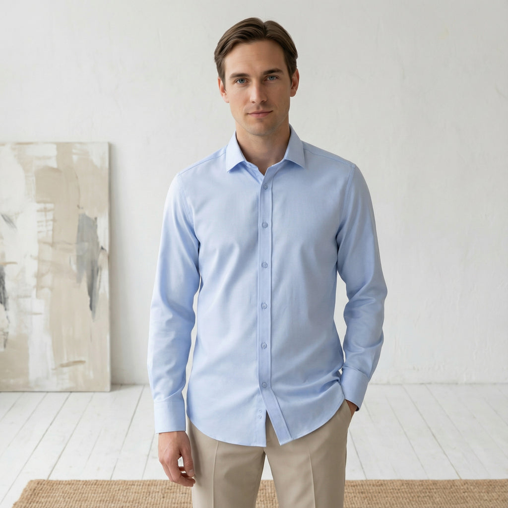 Slim fit Uzun Kollu Pamuklu Gizli düğme Yakalı Oxford Mavi Gömlek