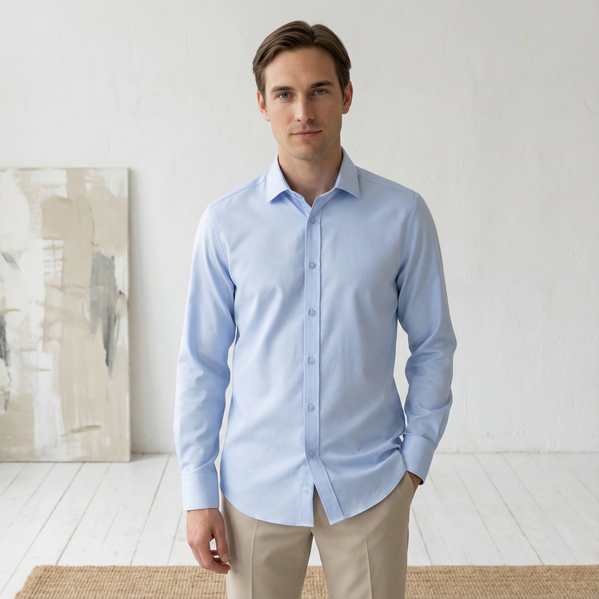 Slim fit Uzun Kollu Pamuklu Gizli düğme Yakalı Oxford Mavi Gömlek