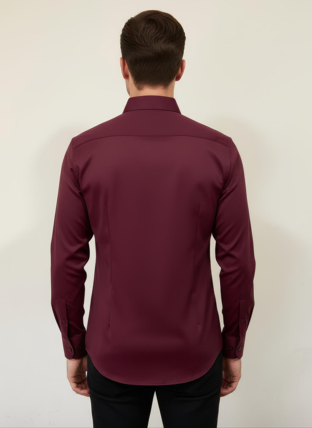 Erkek Saten Slim fit Yaka altı düğmeli Bordo Gömlek
