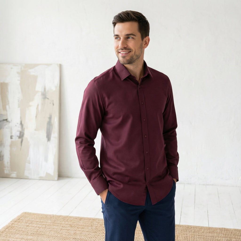 Slim fit Uzun Kollu Pamuklu Gizli düğme Yakalı Oxford Bordo Gömlek