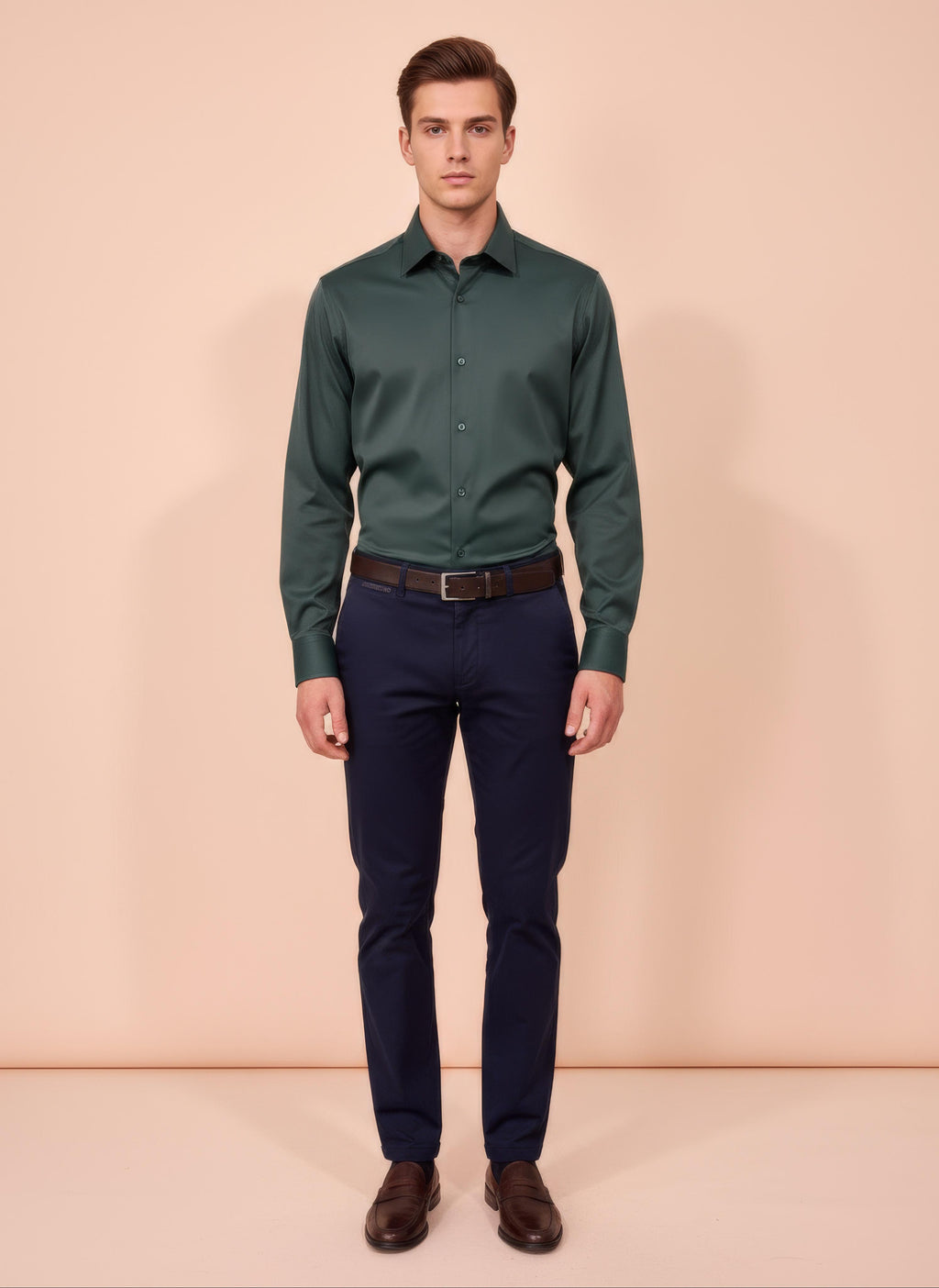 Erkek Saten Slim fit Yaka altı düğmeli Yeşil Gömlek