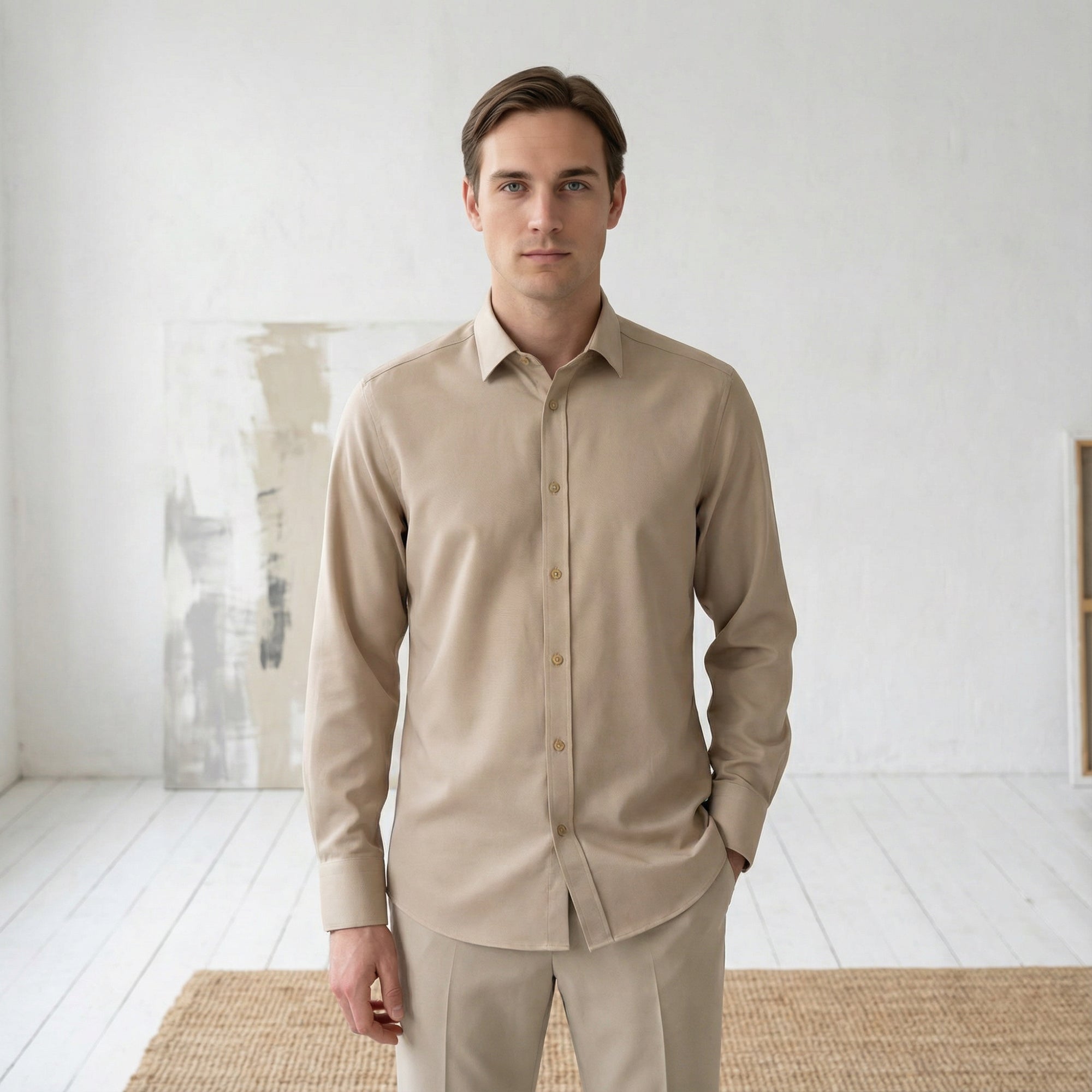 Slim fit Uzun Kollu Pamuklu Gizli düğme Yakalı Oxford Açık Kahverengi Gömlek