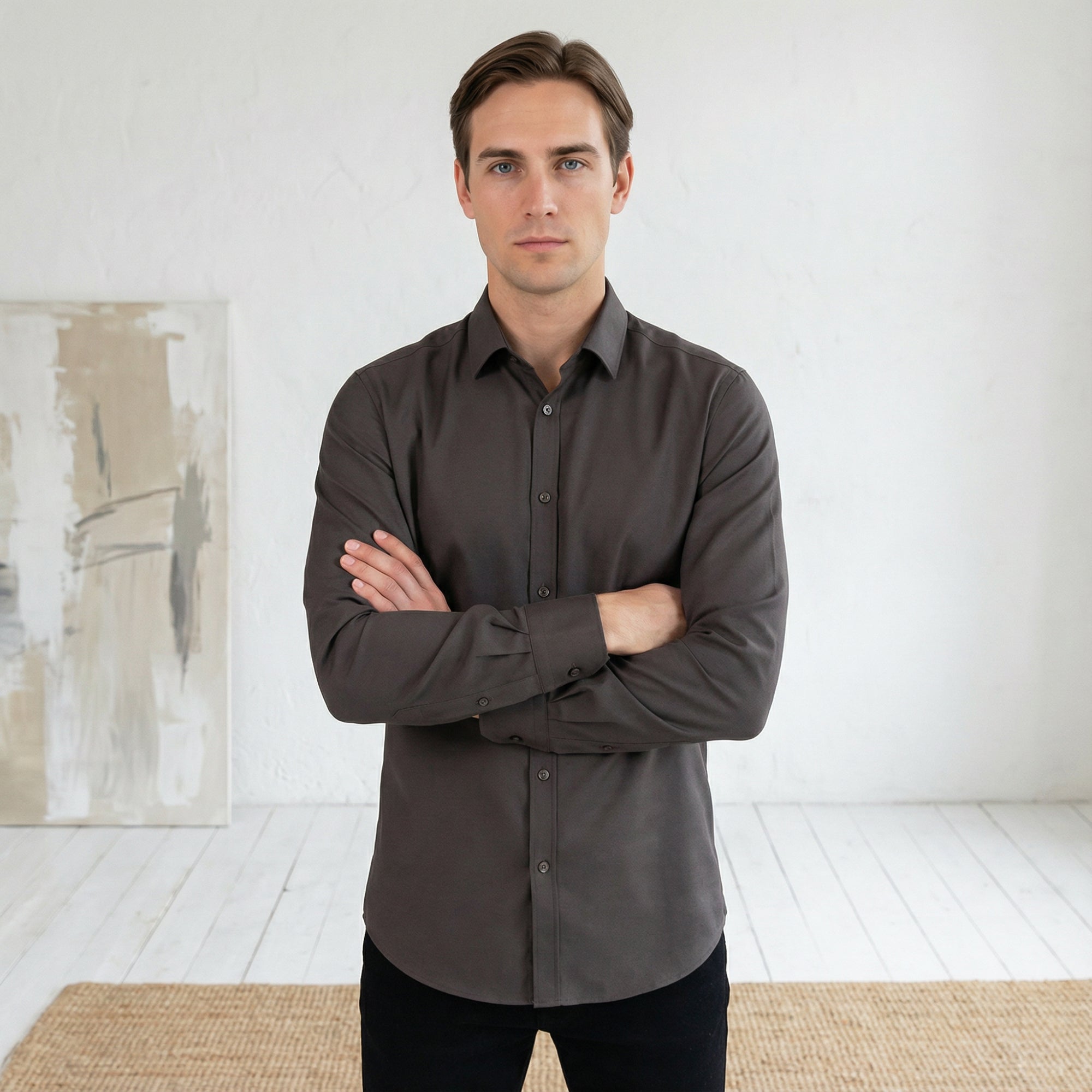 Slim fit Uzun Kollu Pamuklu Gizli düğme Yakalı Oxford Kahverengi Gömlek