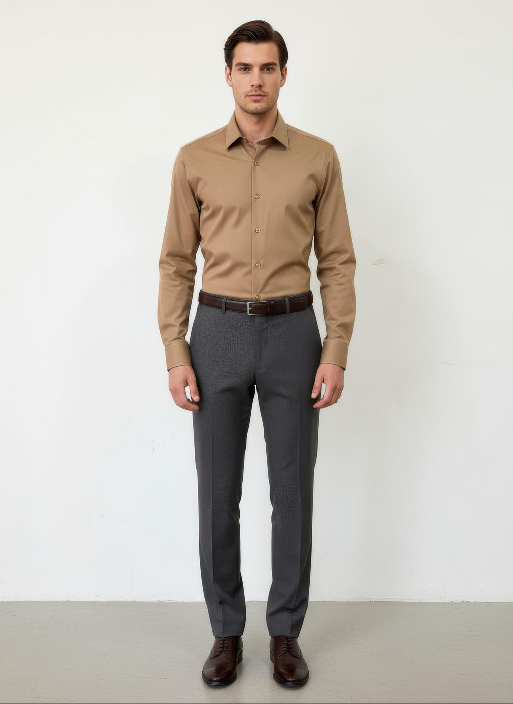 Erkek Saten Gömlek Açık Kahve