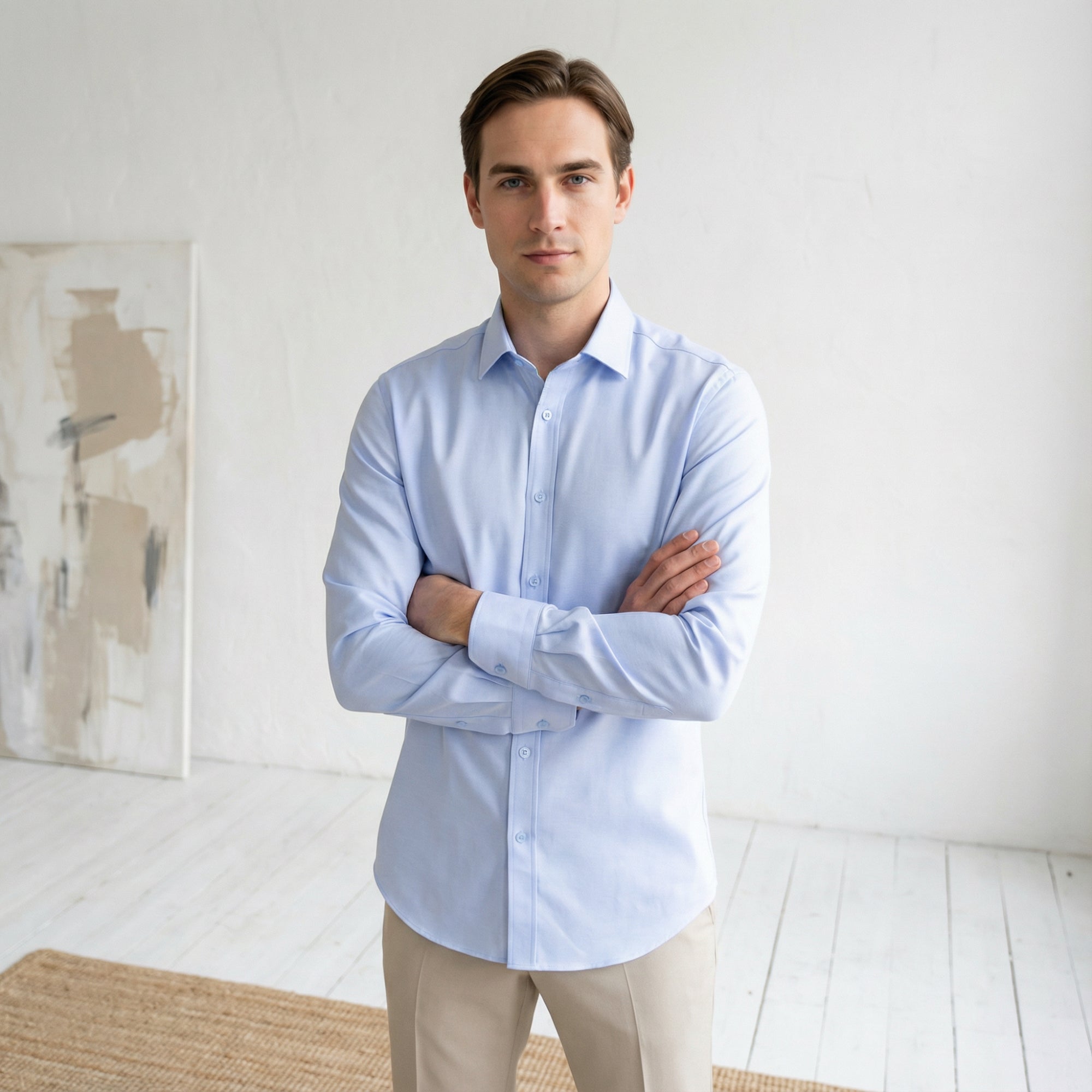 Slim fit Uzun Kollu Pamuklu Gizli düğme Yakalı Oxford Mavi Gömlek