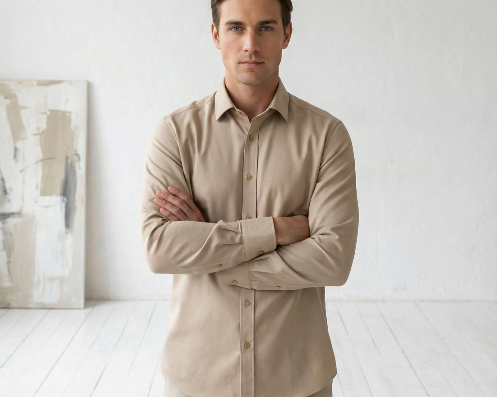 Slim fit Uzun Kollu Pamuklu Gizli düğme Yakalı Oxford Açık Kahverengi Gömlek