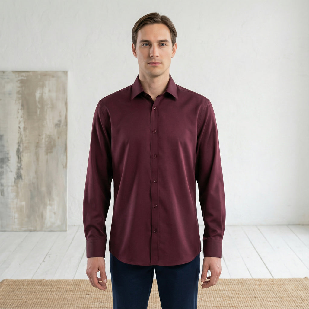 Slim fit Uzun Kollu Pamuklu Gizli düğme Yakalı Oxford Bordo Gömlek