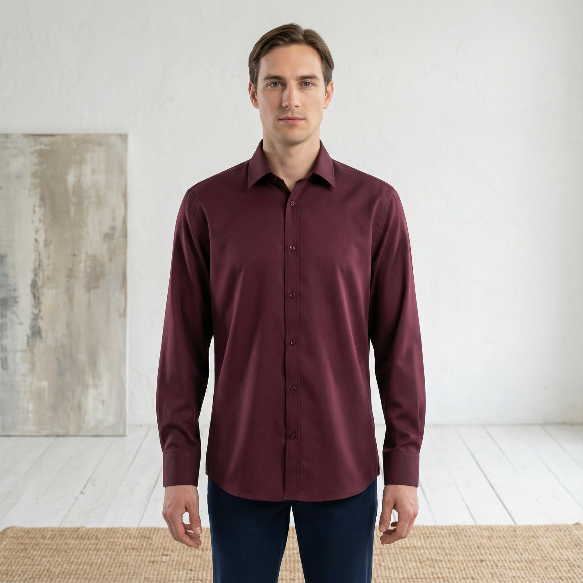 Slim fit Uzun Kollu Pamuklu Gizli düğme Yakalı Oxford Bordo Gömlek