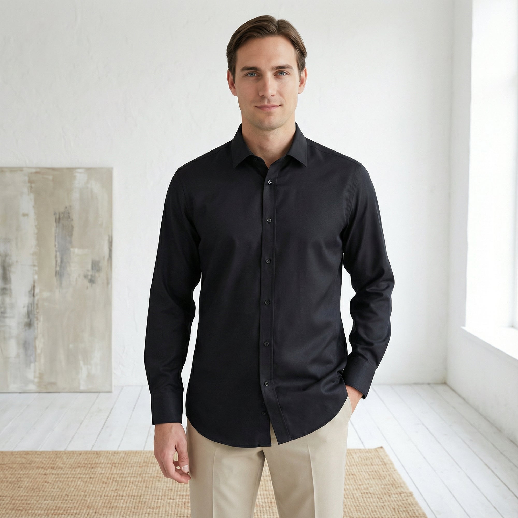 Slim fit Uzun Kollu Pamuklu Gizli düğme Yakalı Oxford Siyah Gömlek