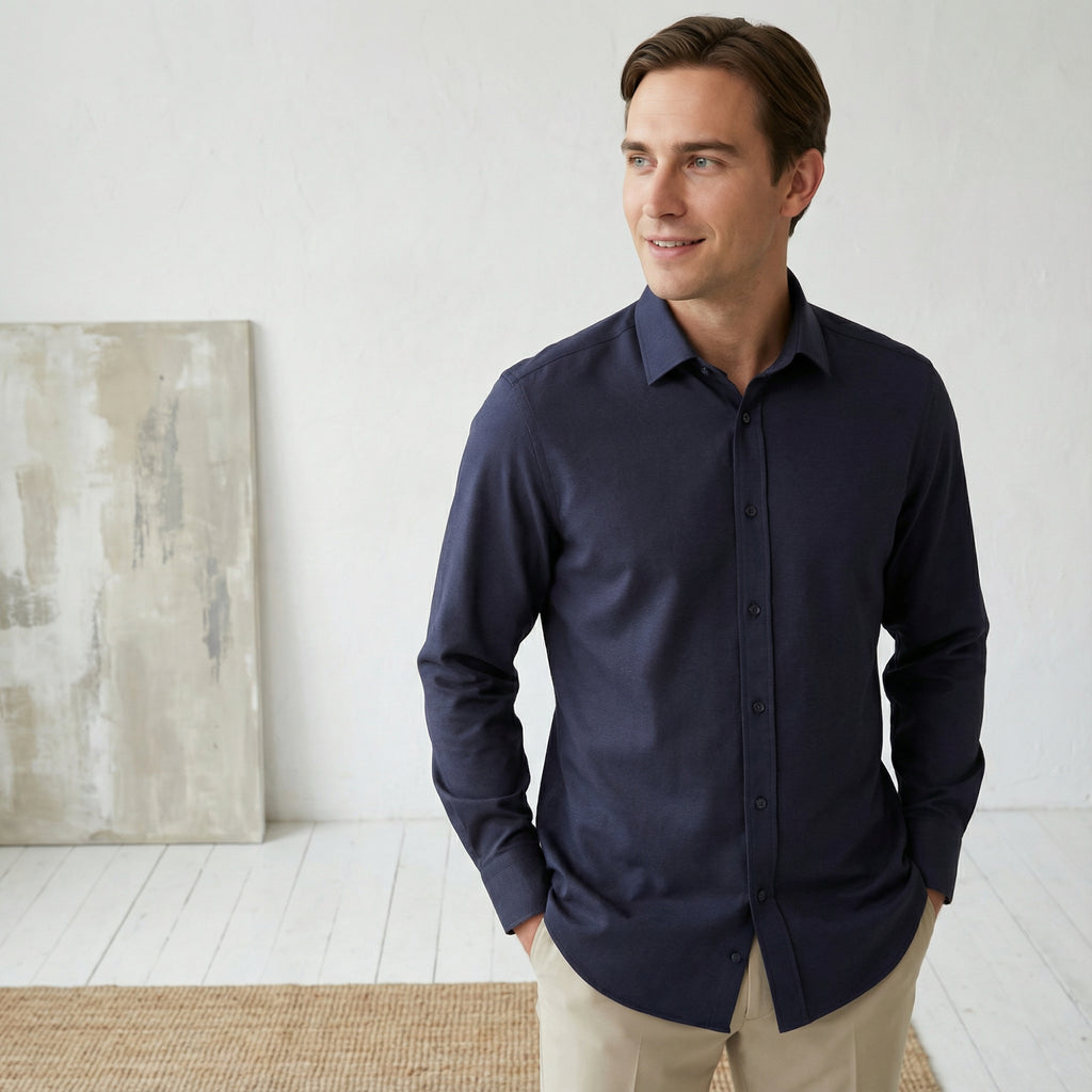 Slim fit Uzun Kollu Pamuklu Gizli düğme Yakalı Oxford Lacivert Gömlek