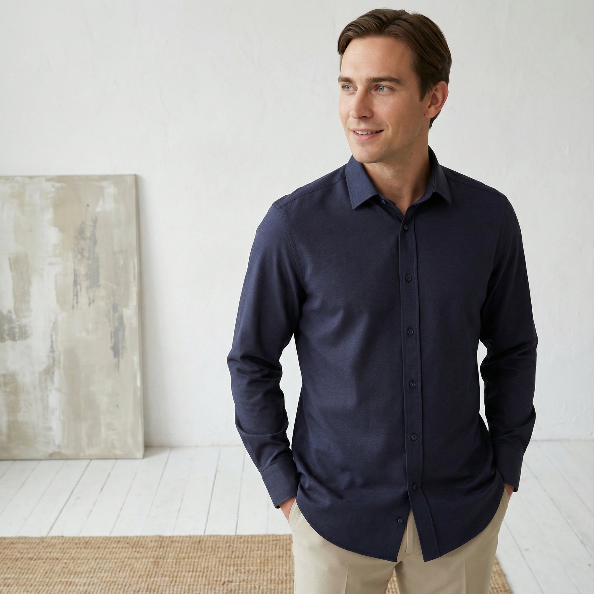 Slim fit Uzun Kollu Pamuklu Gizli düğme Yakalı Oxford Lacivert Gömlek