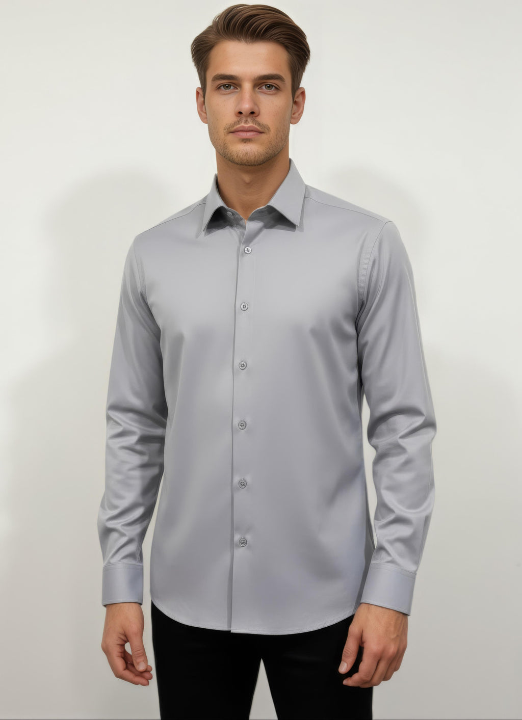 Erkek Saten Slim fit Yaka altı düğmeli Gri Gömlek